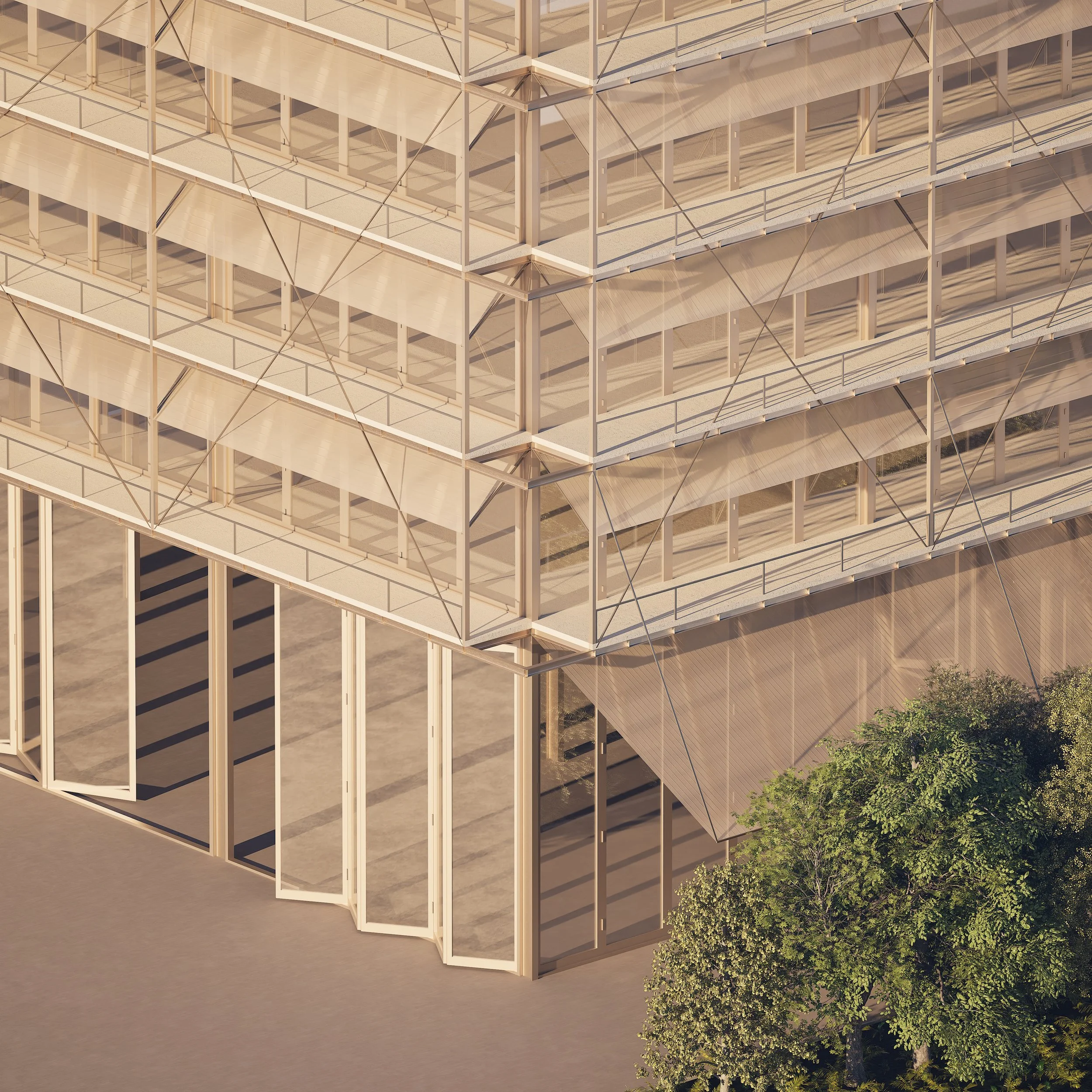 Architectual axonometric rendering of modern multi-story shipyard, minimal architecture and ahestetic