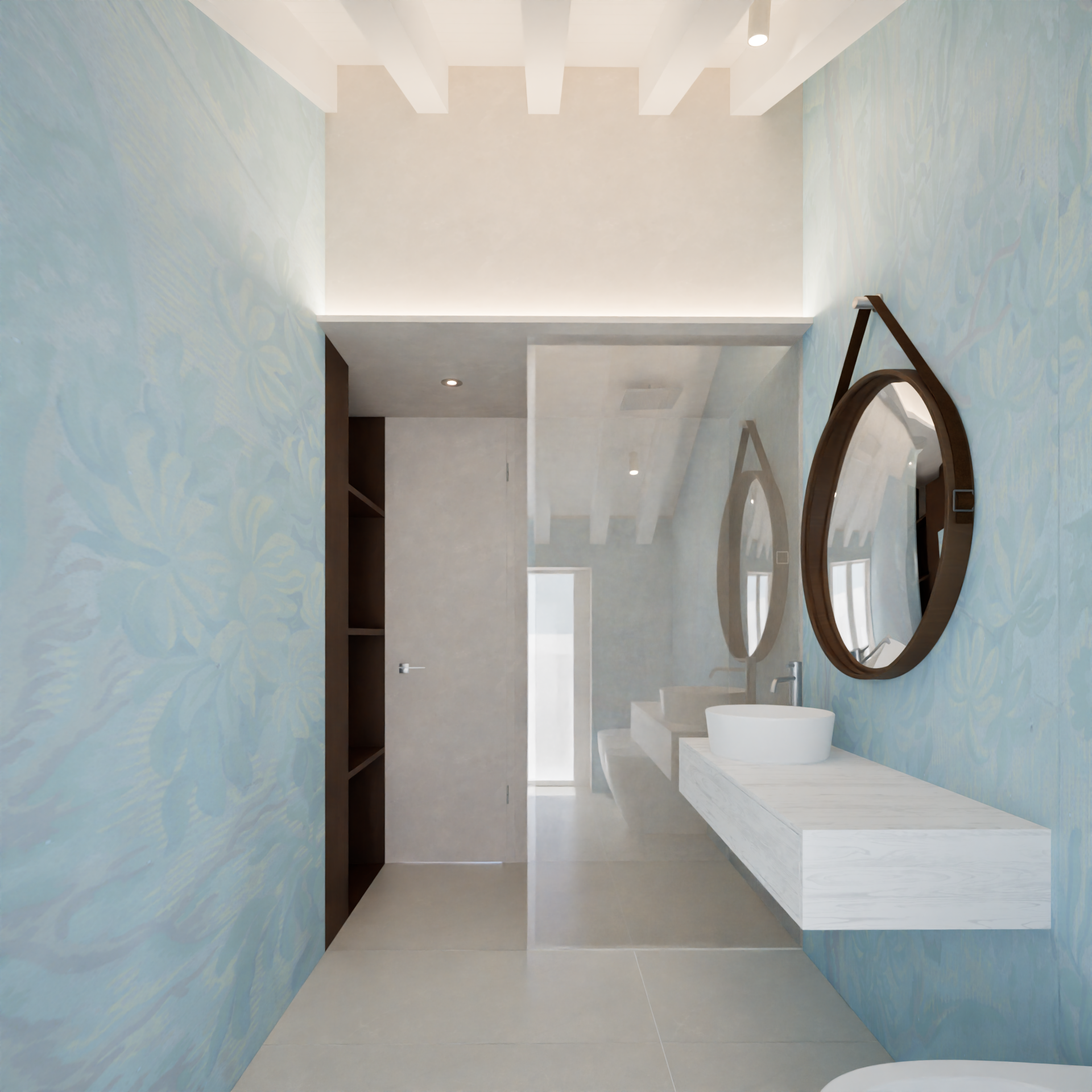 Modern minimalist bathroom with light blue floral-patterned wall, floating white vanity with vessel sink, round mirror with dark wood frame, and neutral tiled floor.