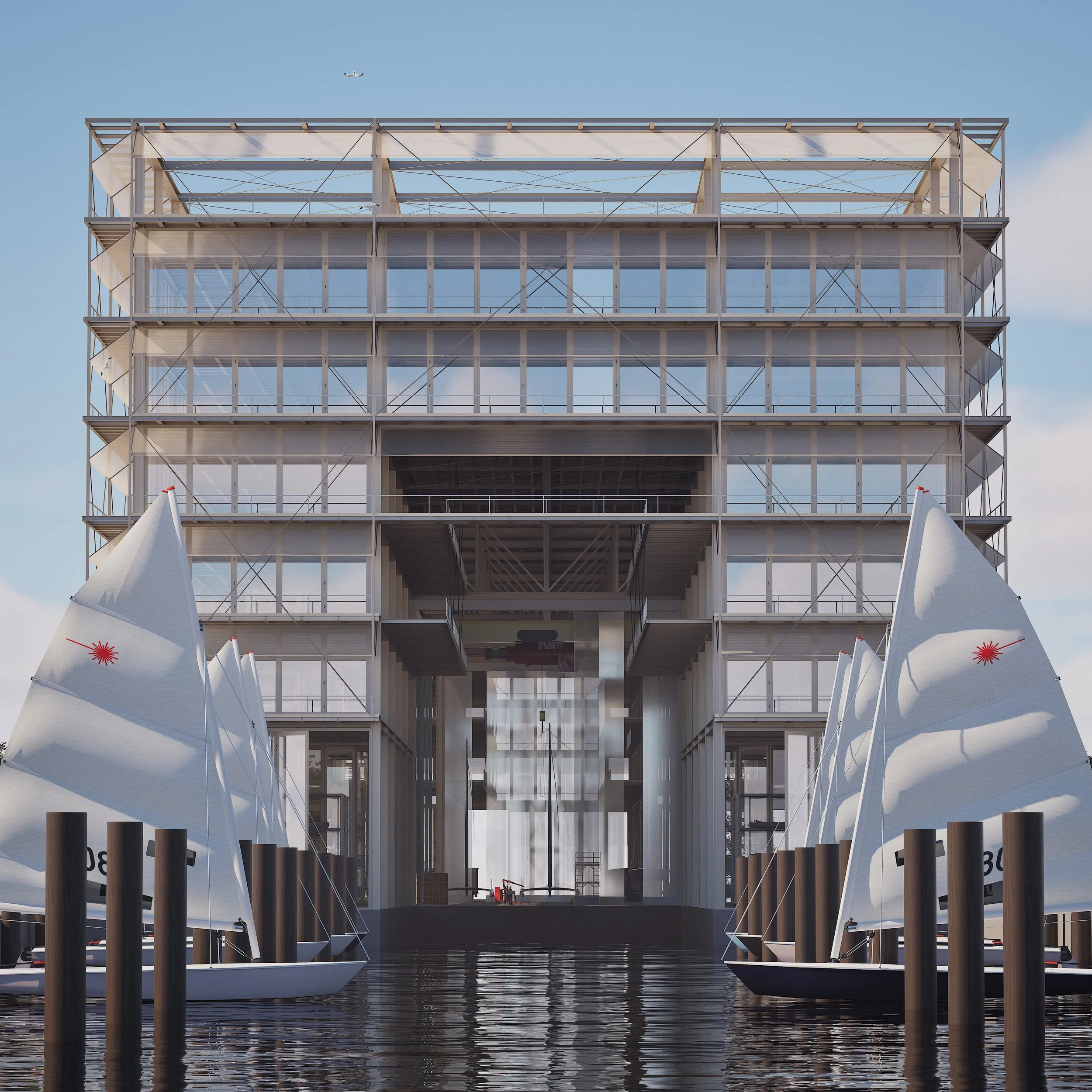 Architectural rendering of a shipyard with glass and steel structure, sailboats docked in front, and a clear sky with an airplane flying overhead.