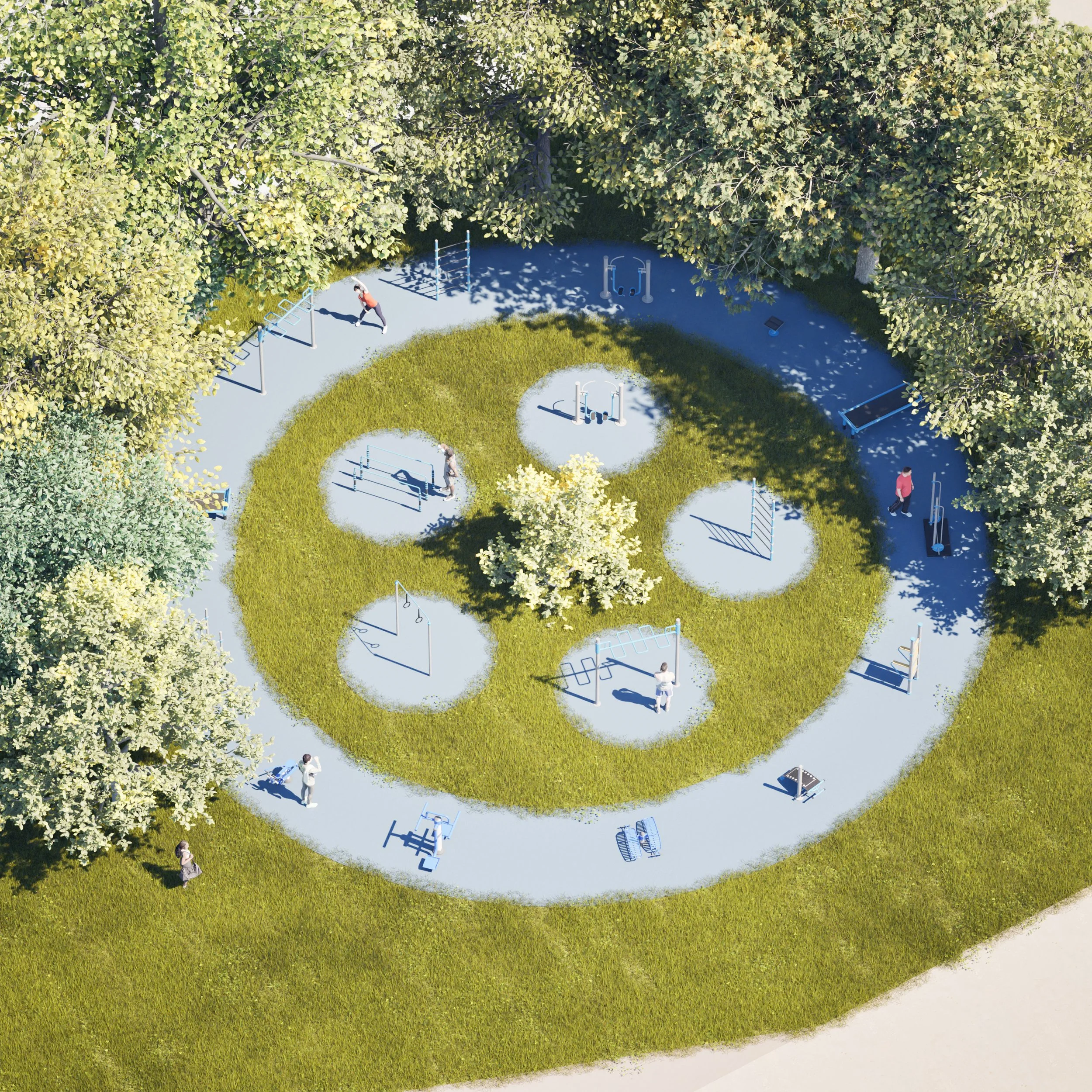 Aerial view of an outdoor fitness park with various exercise equipment on a circular grassy area surrounded by trees.