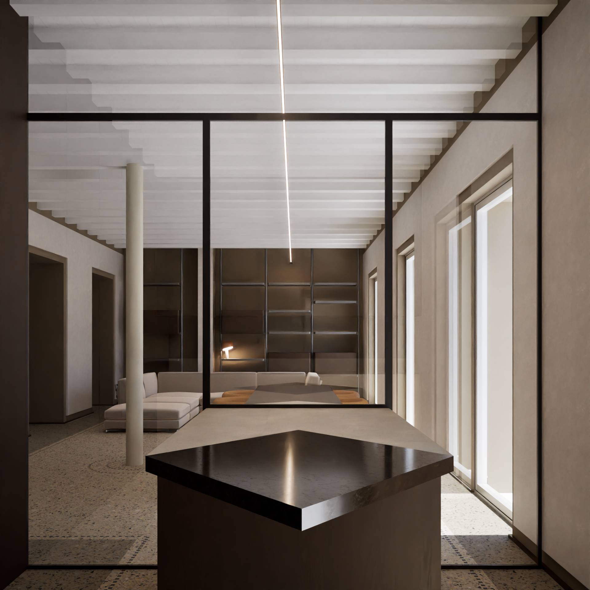 Modern interior room with large windows, a ceiling with white wooden beams, a black and beige triangular table, white sofa, and shelves in the background.