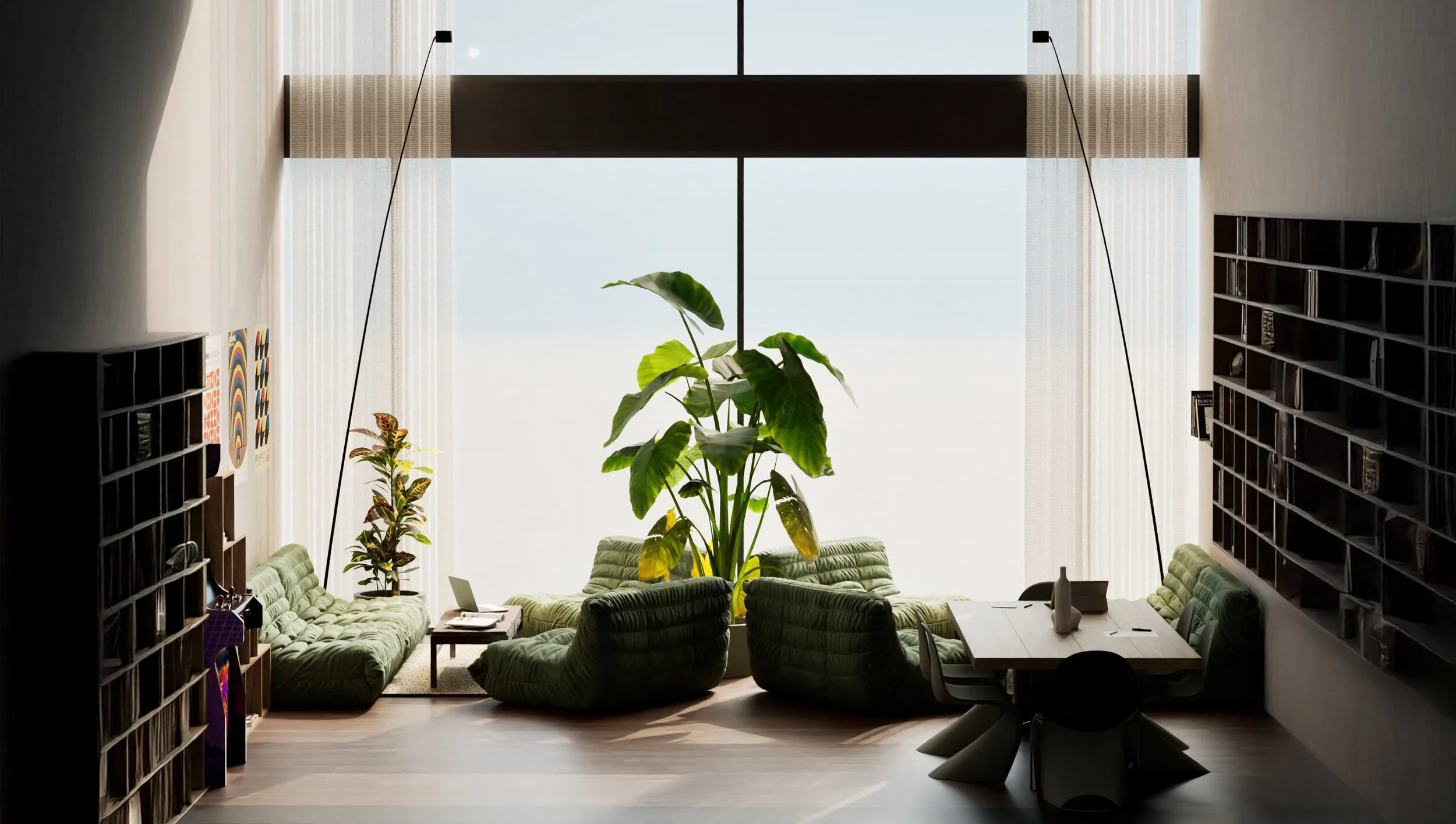 Living room with large window, green cushioned seating, a large potted plant, bookshelf on the left wall, and a dining table with chairs on the right.