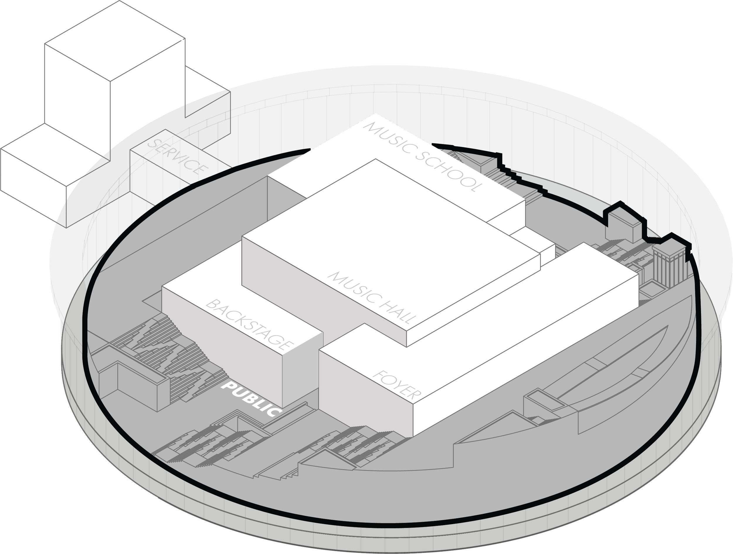A black and white architectural diagram of a music school building layout, labeled with areas such as Music School, Music Hall, Backstage, Foyer, Public, Service, and several staircases.