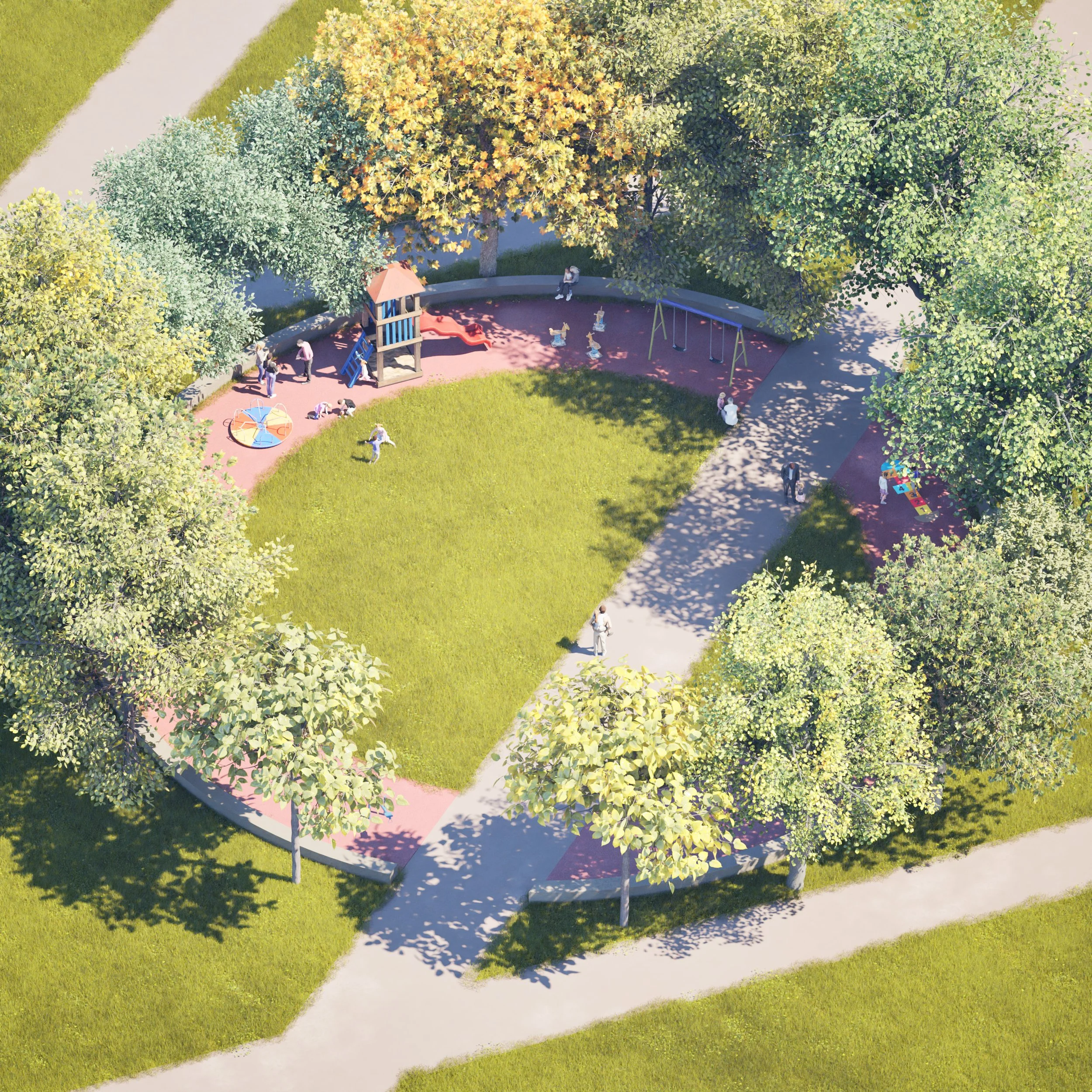 An aerial view of a park playground area with green grass, trees, and pathways. There is playground equipment including a slide, swings, and a merry-go-round, with children and adults nearby.