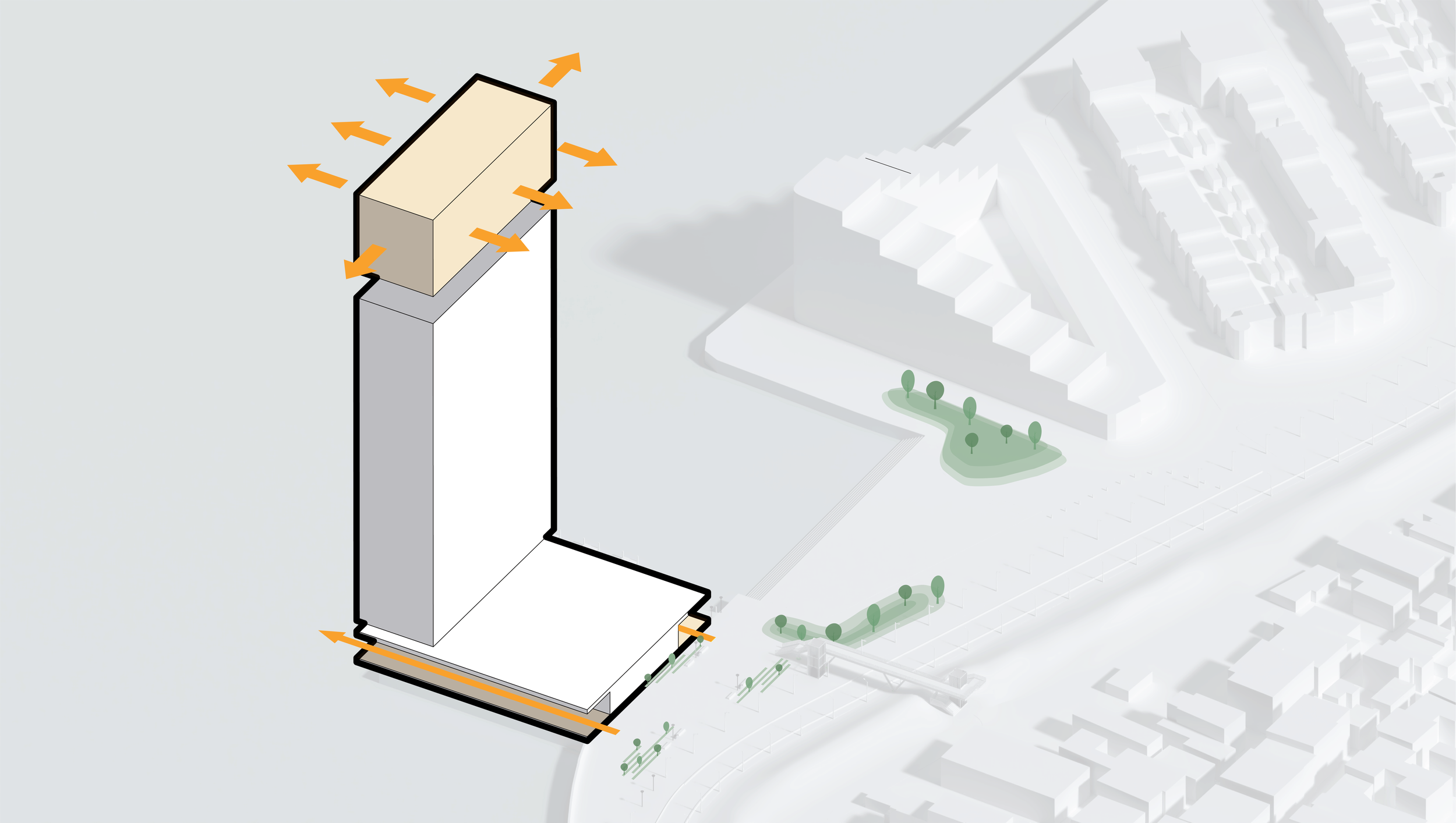 A diagram of a tall building with arrows indicating air flow around and through the building, showing ventilation or airflow patterns in an urban setting.