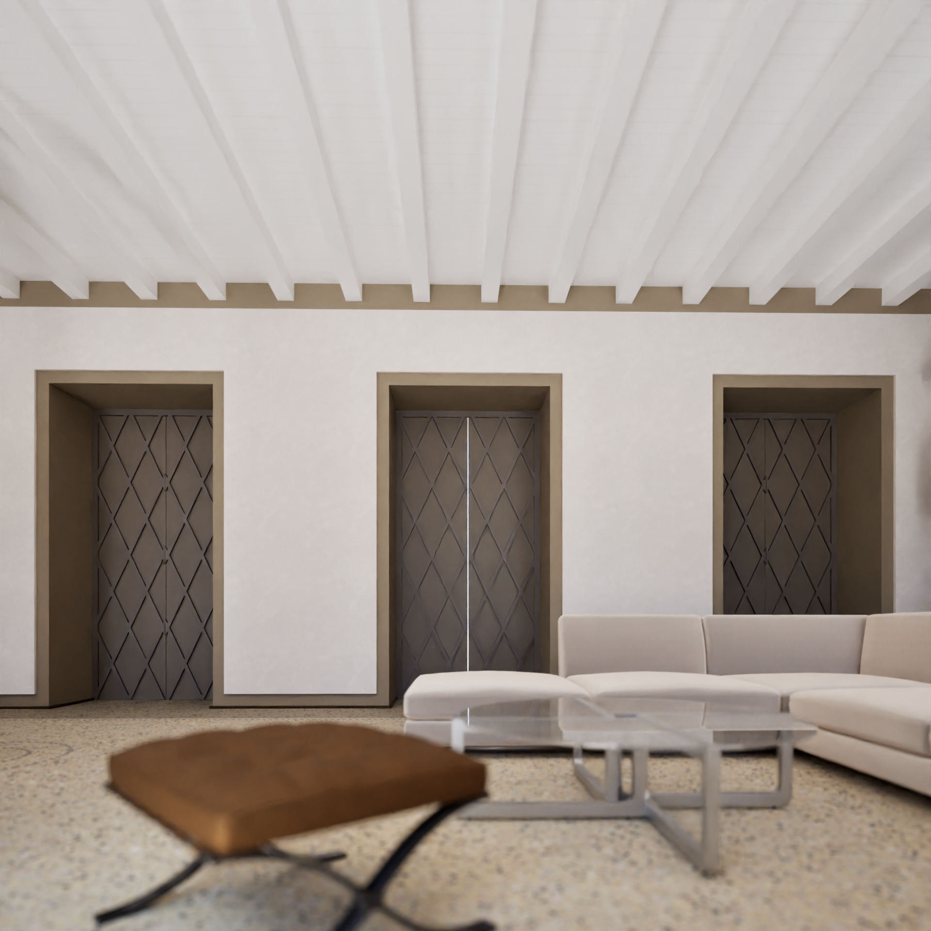 Modern hotel lobby with a white sectional sofa, glass coffee table, wooden chair, and three elevator doors with geometric patterns, white ceiling with exposed beams, and neutral-colored walls.