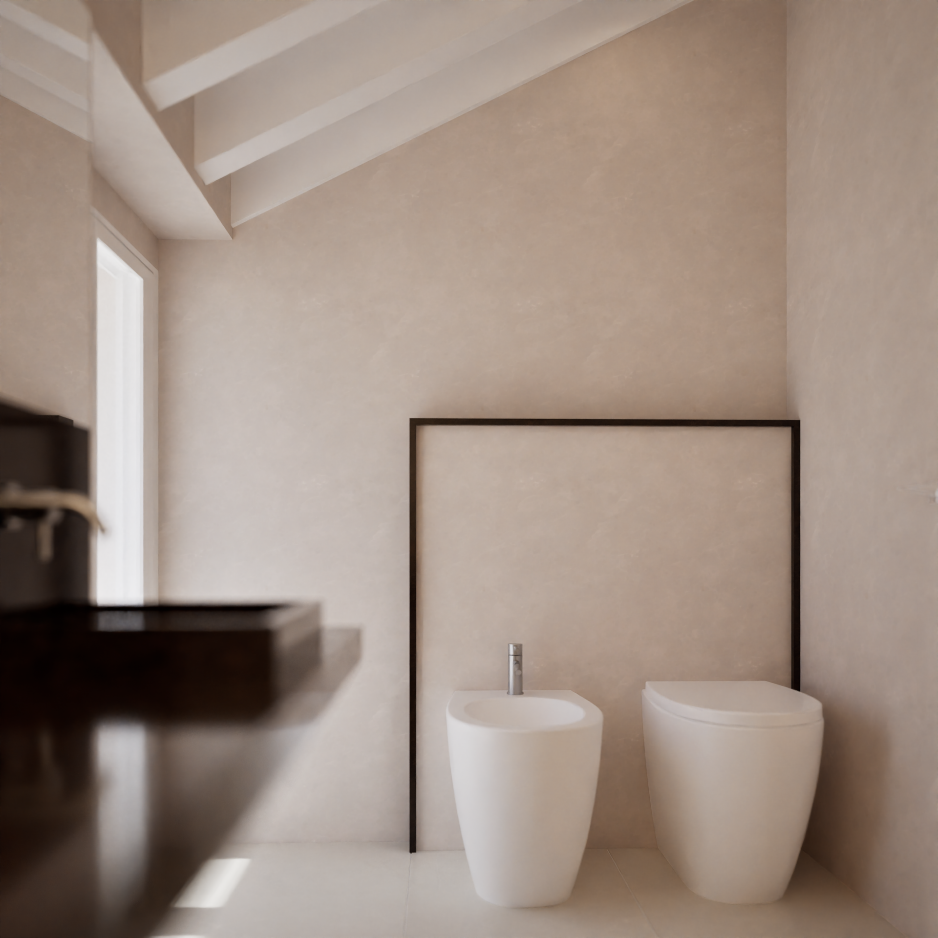 Minimalist bathroom with bidet and toilet, beige walls, and a black frame on the wall.
