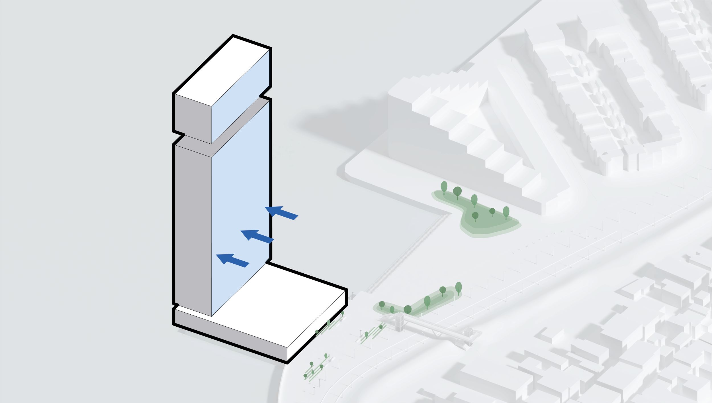 Illustration of a tall building with air flow indicated by three blue arrows entering the side.