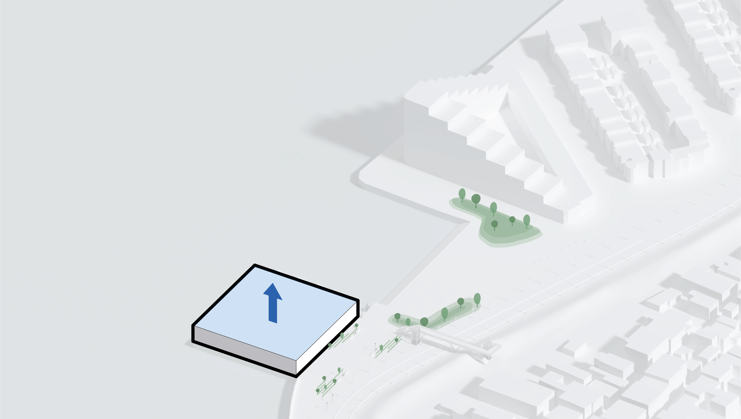 Aerial rendering of a site plan showing a large building with a blue arrow pointing upward on its roof, adjacent to landscaped areas with trees, pathways, and surrounding buildings.