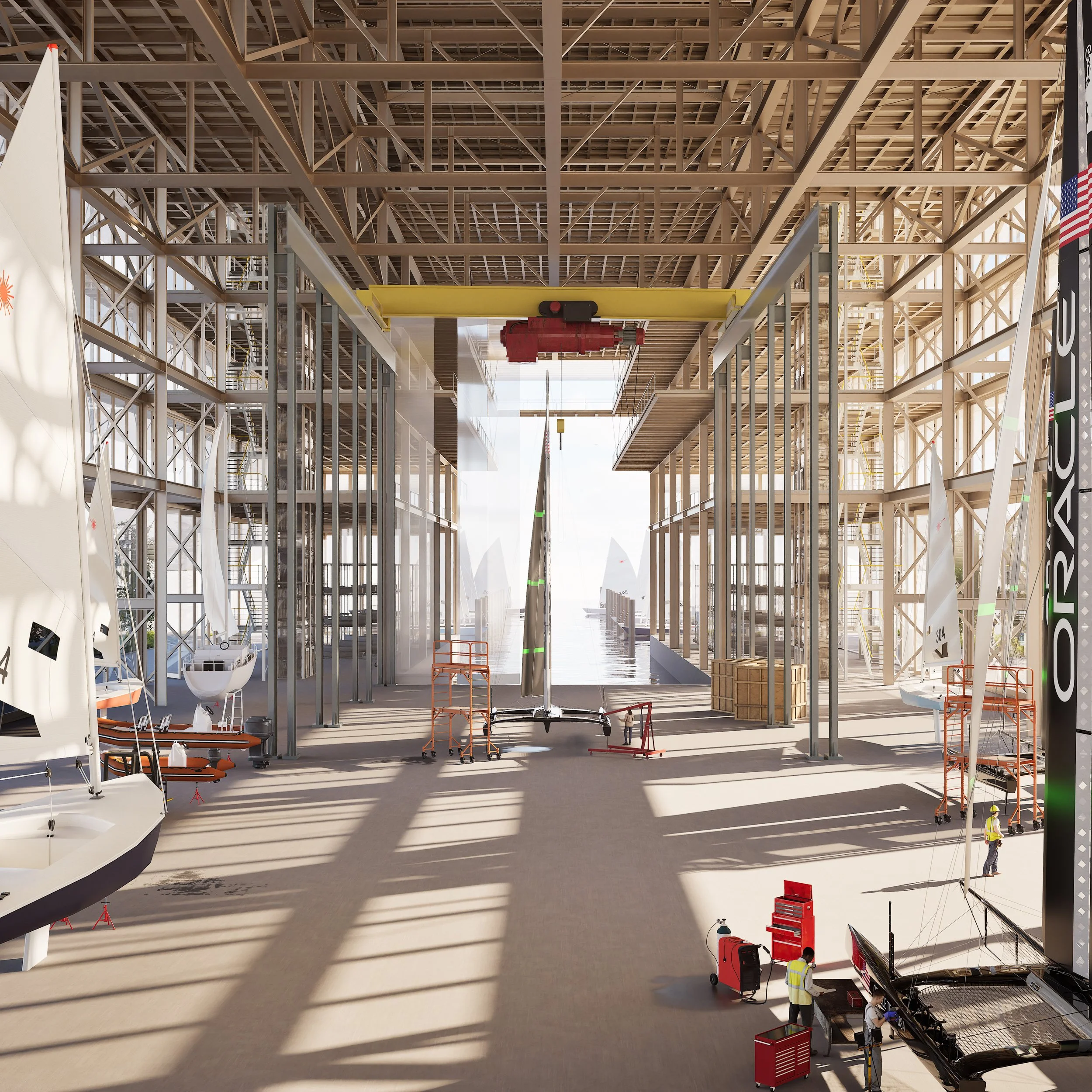 Architectural rendering of indoor boat manufacturing or maintenance facility with structural metal framing, scaffolding, and boat parts. There are workers and equipment, including a sailboat in the center, and a view of water outside at the far end.