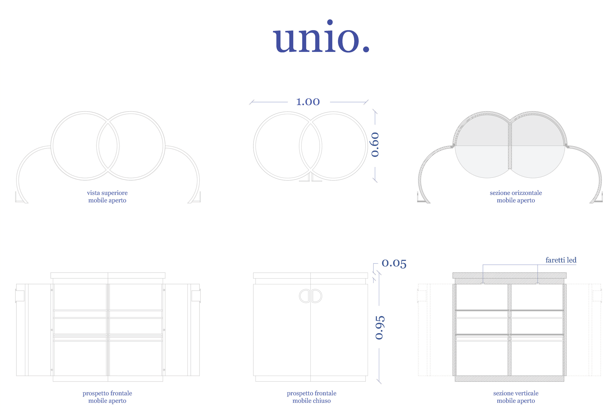 Technical drawing of a modern lighting fixture named 'unio' with top, side, front, and cross-section views, including measurements and features like LED lights.