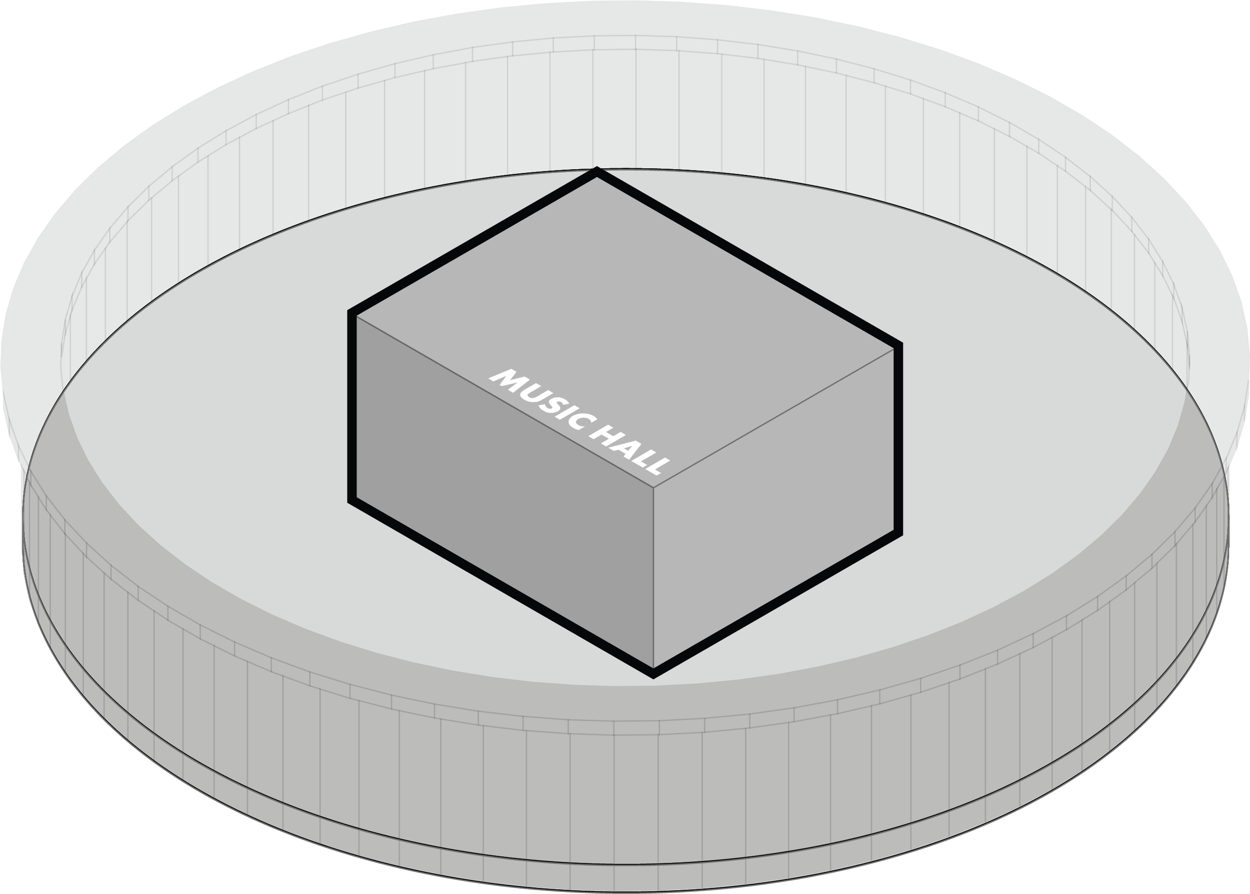 A grayscale illustration of a music hall stage with a square platform labeled 'Music Hall' in the center, surrounded by a semi-circular seating area.