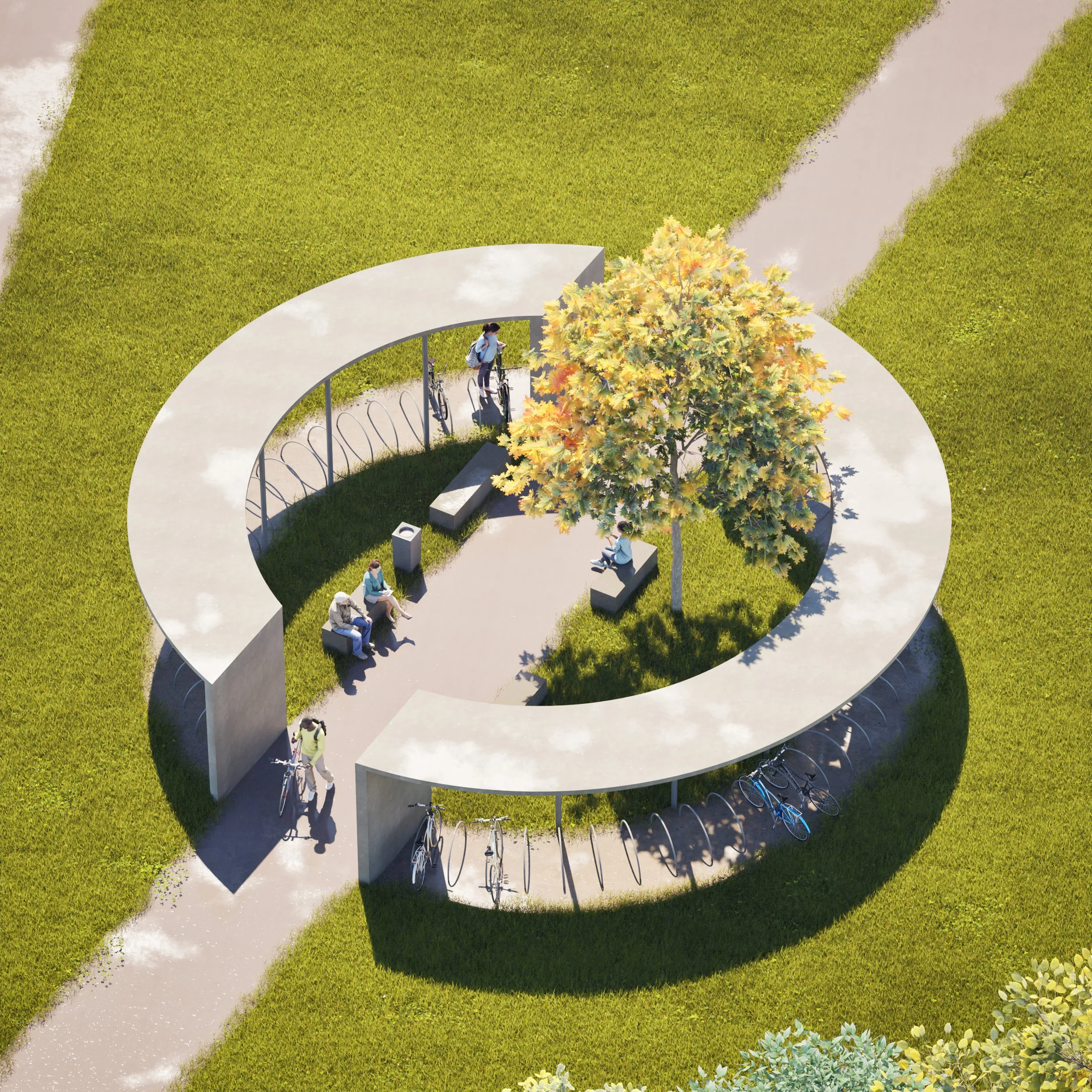 A circular outdoor bike shelter with a curved roof around a tree, with bicycles parked underneath. There are benches and people sitting and standing, some with bicycles, in a grassy park area with walking paths.
