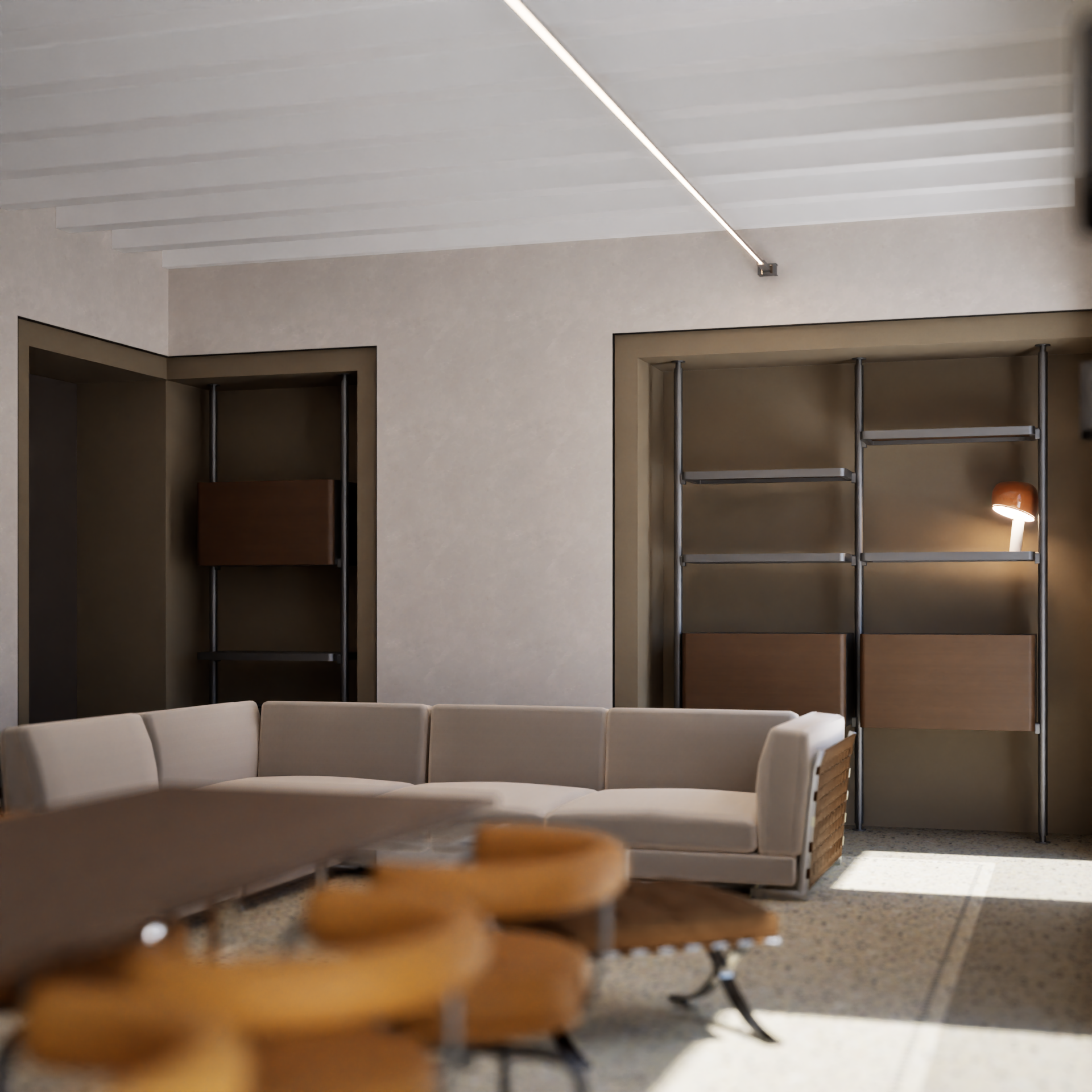 Modern hotel lobby with a white sectional sofa, wooden accents, and a floor lamp near a refrigerator-like storage unit.