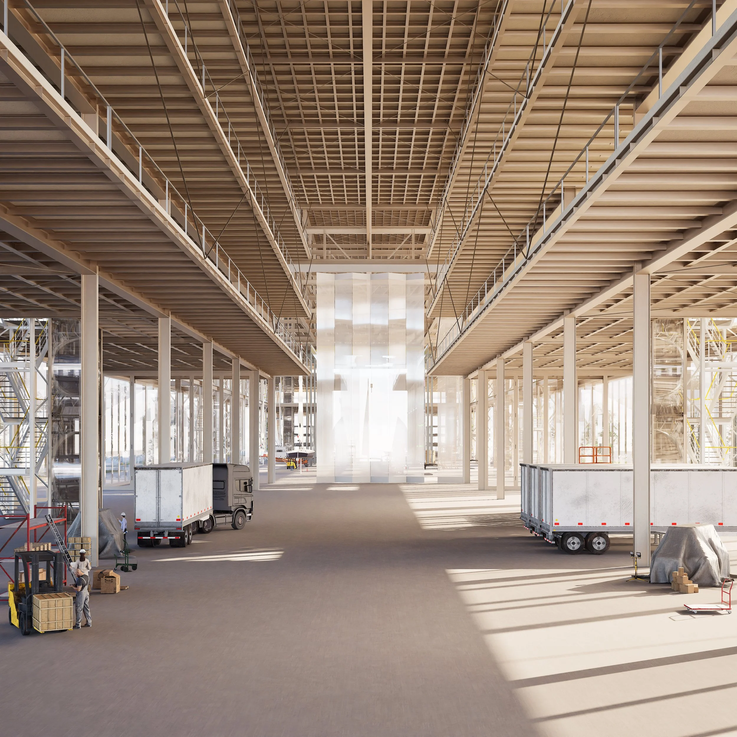 Architectural rendering Interior view of a modern industrial warehouse with trucks, pallets, and workers, featuring high ceilings with wooden beams and natural light.