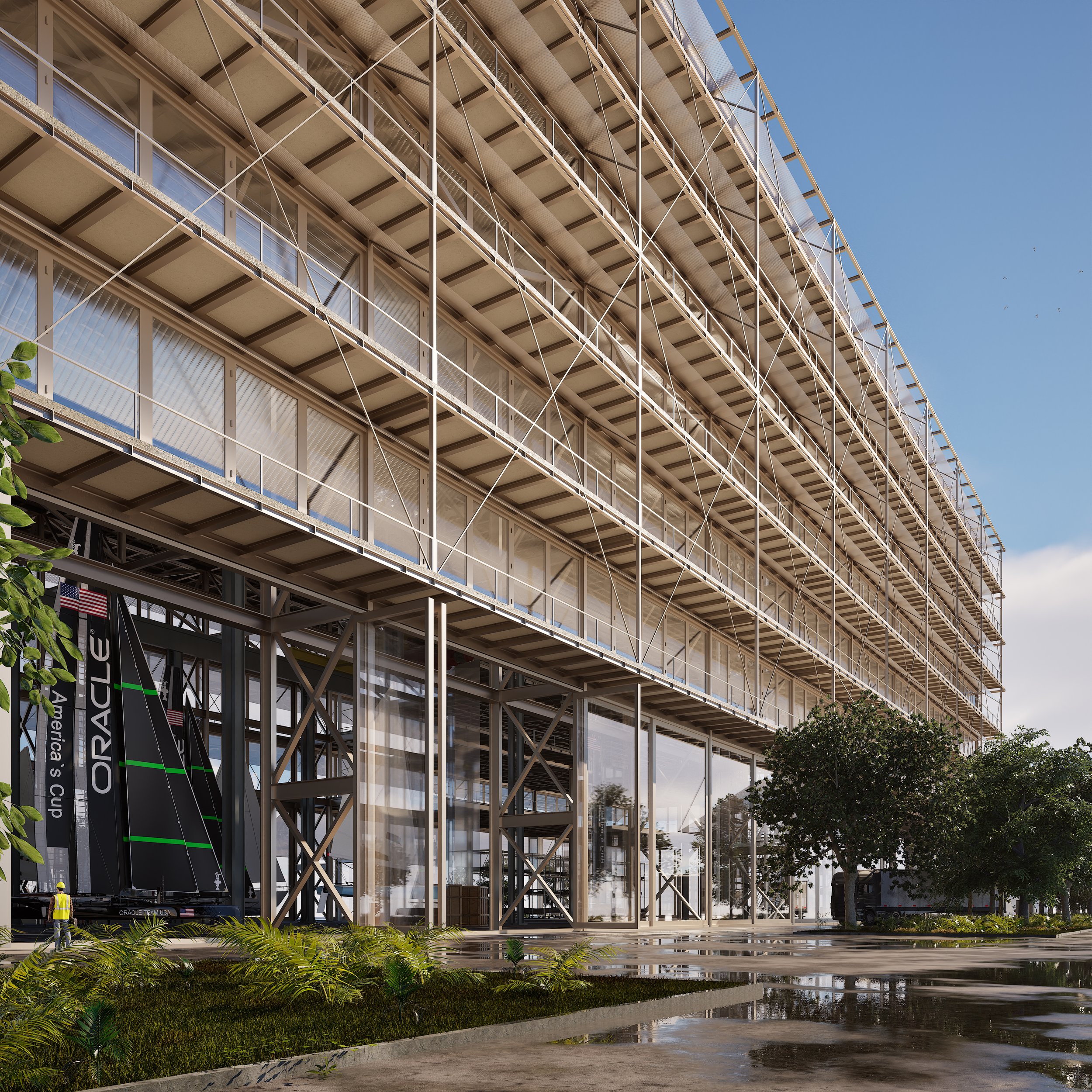 Architectural rendering of a Modern multi-story shipyard with glass facade, metal framework, and scaffolding, surrounded by trees and pavement, with a clear blue sky in the background.