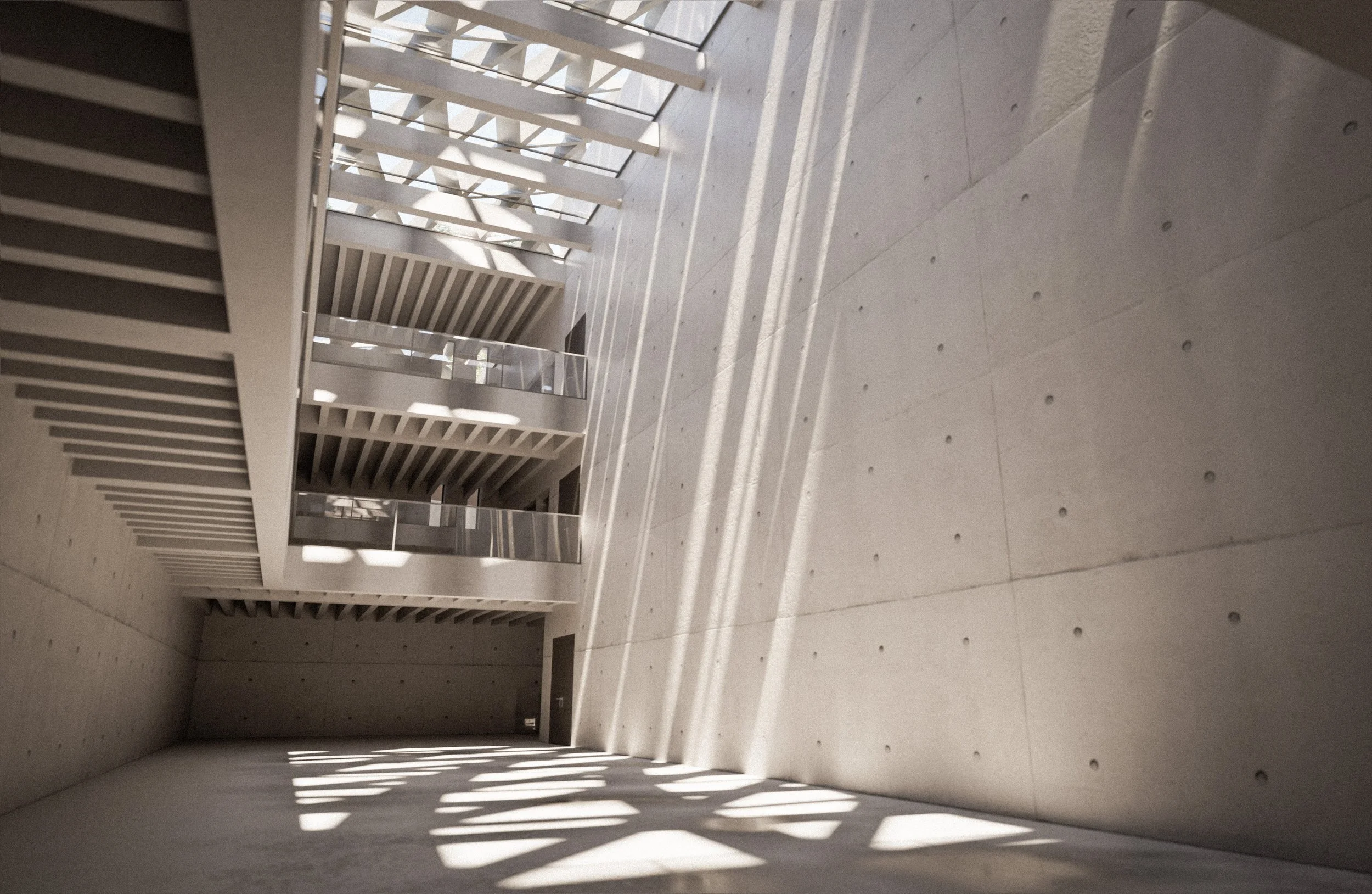 Modern interior with concrete walls, ceiling, and floor, featuring sunlight and shadows streaming through skylights and windows, with a staircase and balconies.