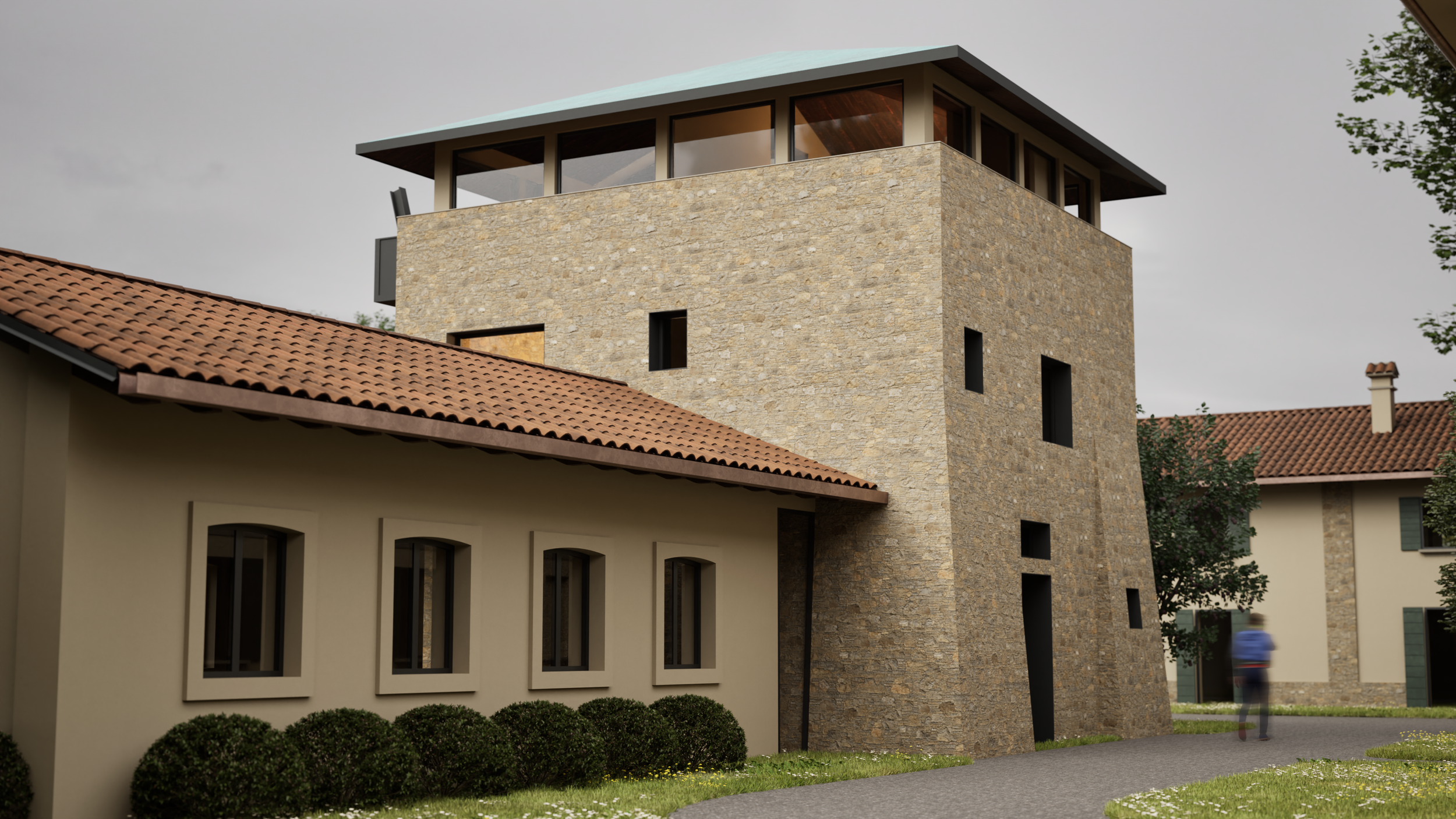 Architectural rendering of a modern building with a stone facade and large windows on the upper level, alongside a traditional-style building with a red tiled roof and beige walls, situated in a landscaped area with pathways and greenery.