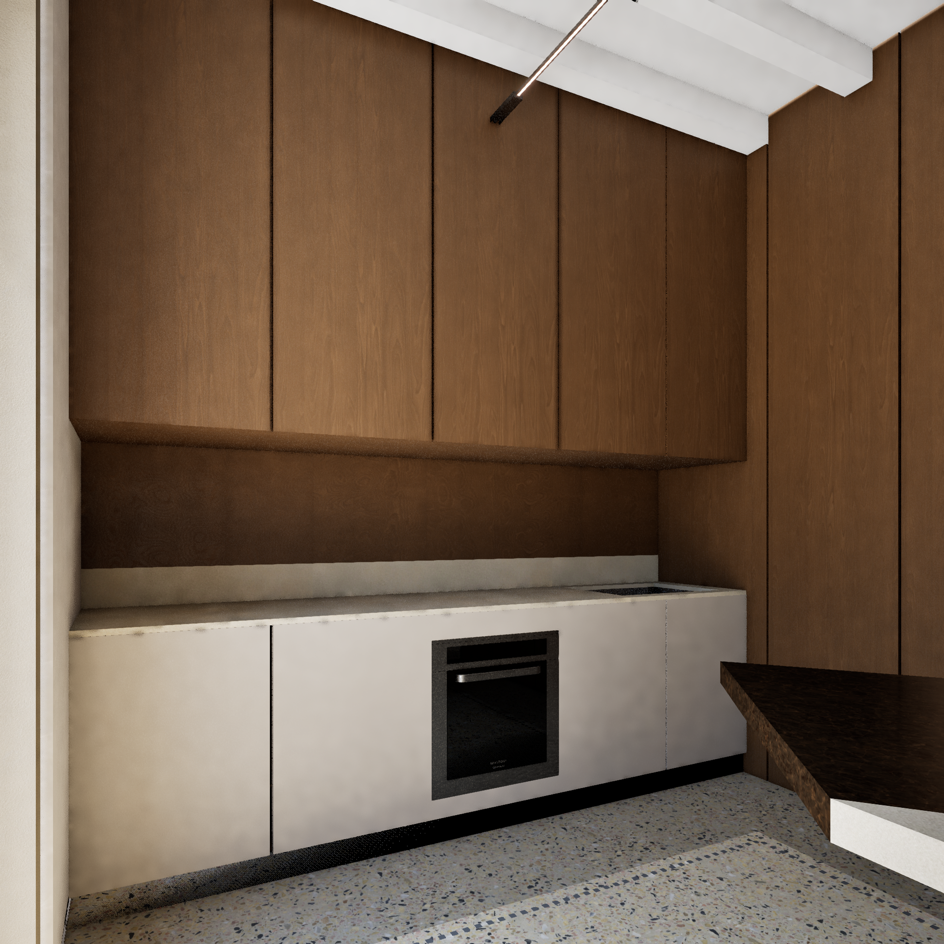 Modern kitchen with brown wooden wall cabinets, white lower cabinets, a black oven, and a dark brown countertop. The floor features a terrazzo pattern.