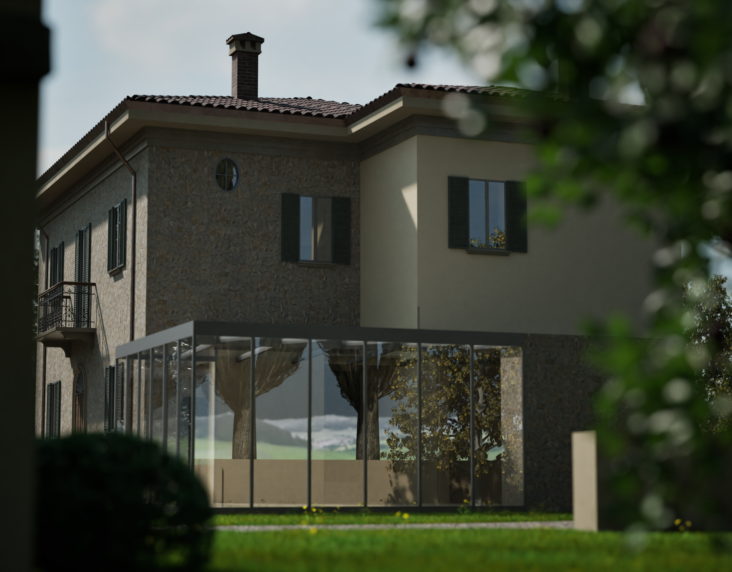 Exterior of a modern house with stone and stucco walls, dark shutters, and a glass-enclosed patio reflecting trees, under a partly cloudy sky.