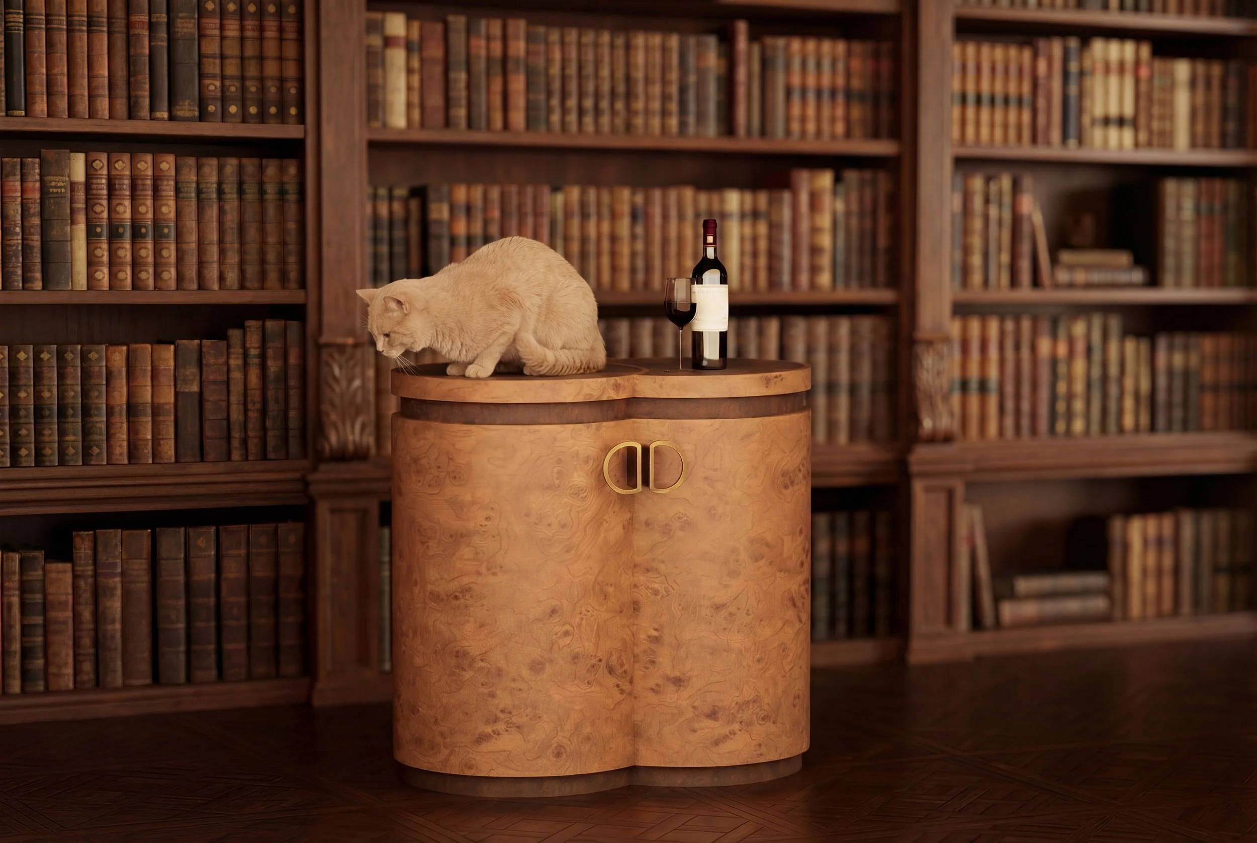 A cream-colored cat sitting on a wooden cabinet in front of a wall of bookshelves filled with old books. The cabinet holds a bottle of red wine and a glass of wine.