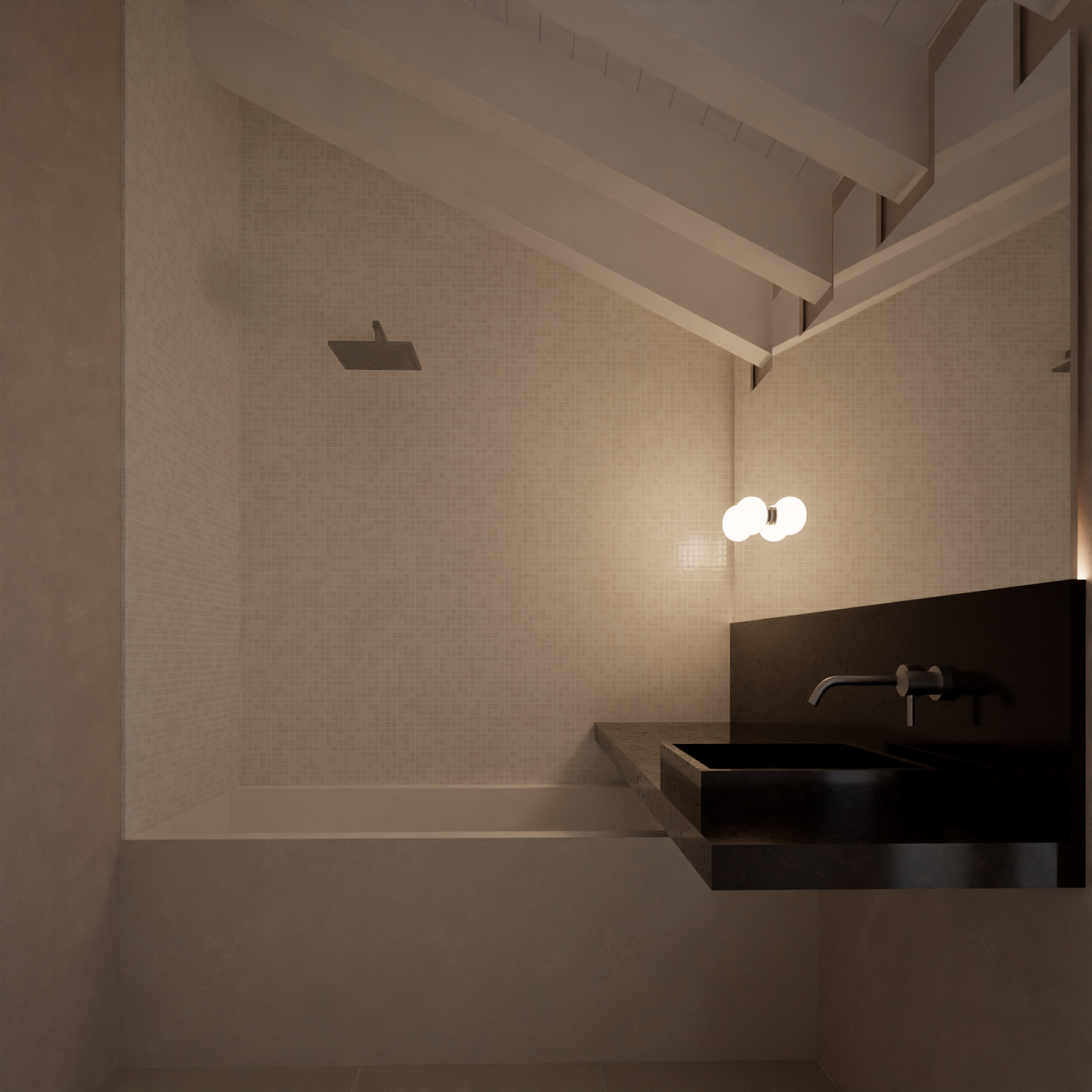 Modern bathroom featuring a black sink with a wall-mounted faucet, a beige tiled wall, a minimalist light fixture, and a sloped ceiling with exposed beams.