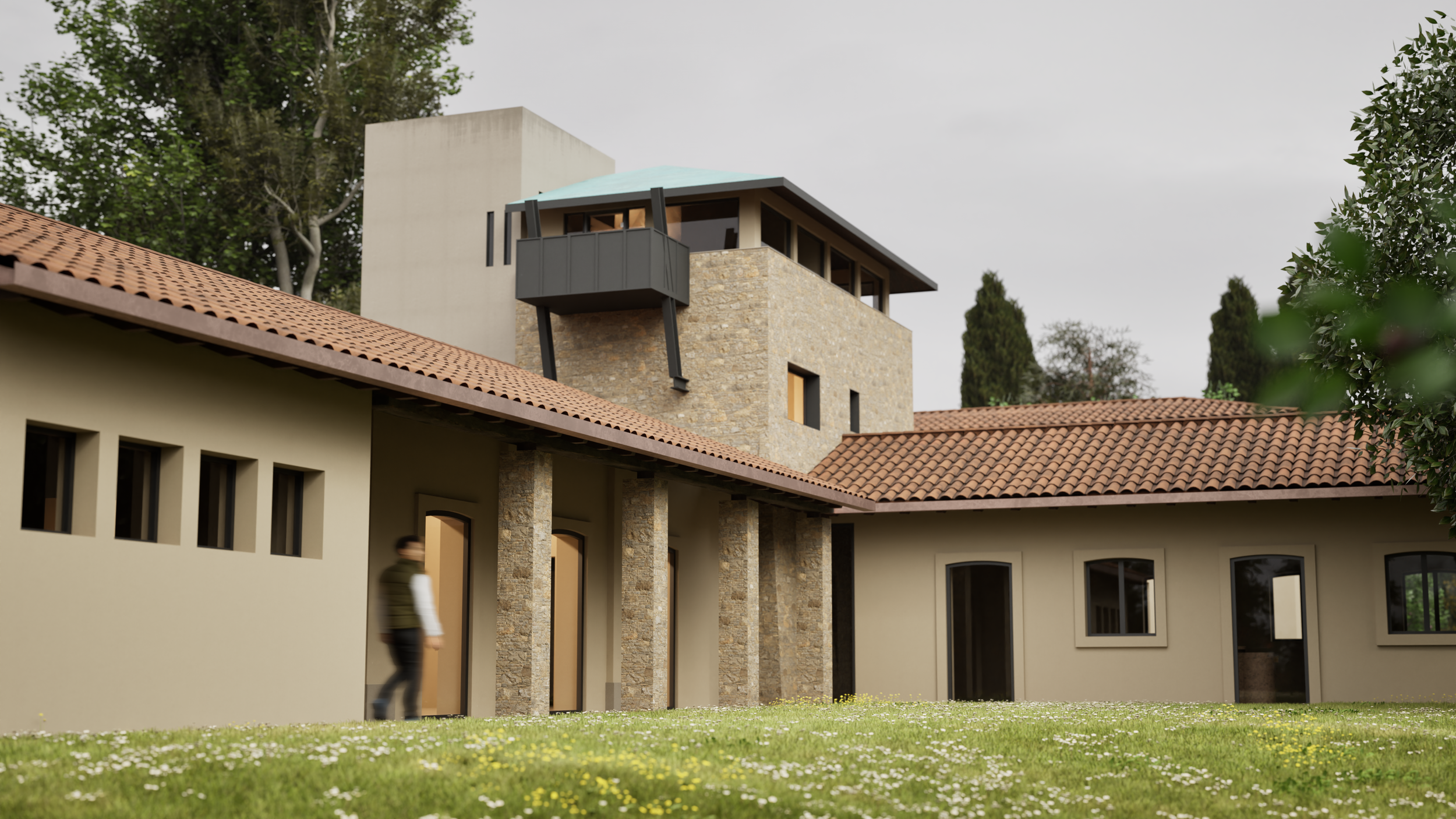 Architectural rendering of a typical rustic house with stone and stucco exterior, terracotta roof tiles, surrounded by green lawn and trees, person walking near the house, overcast sky.