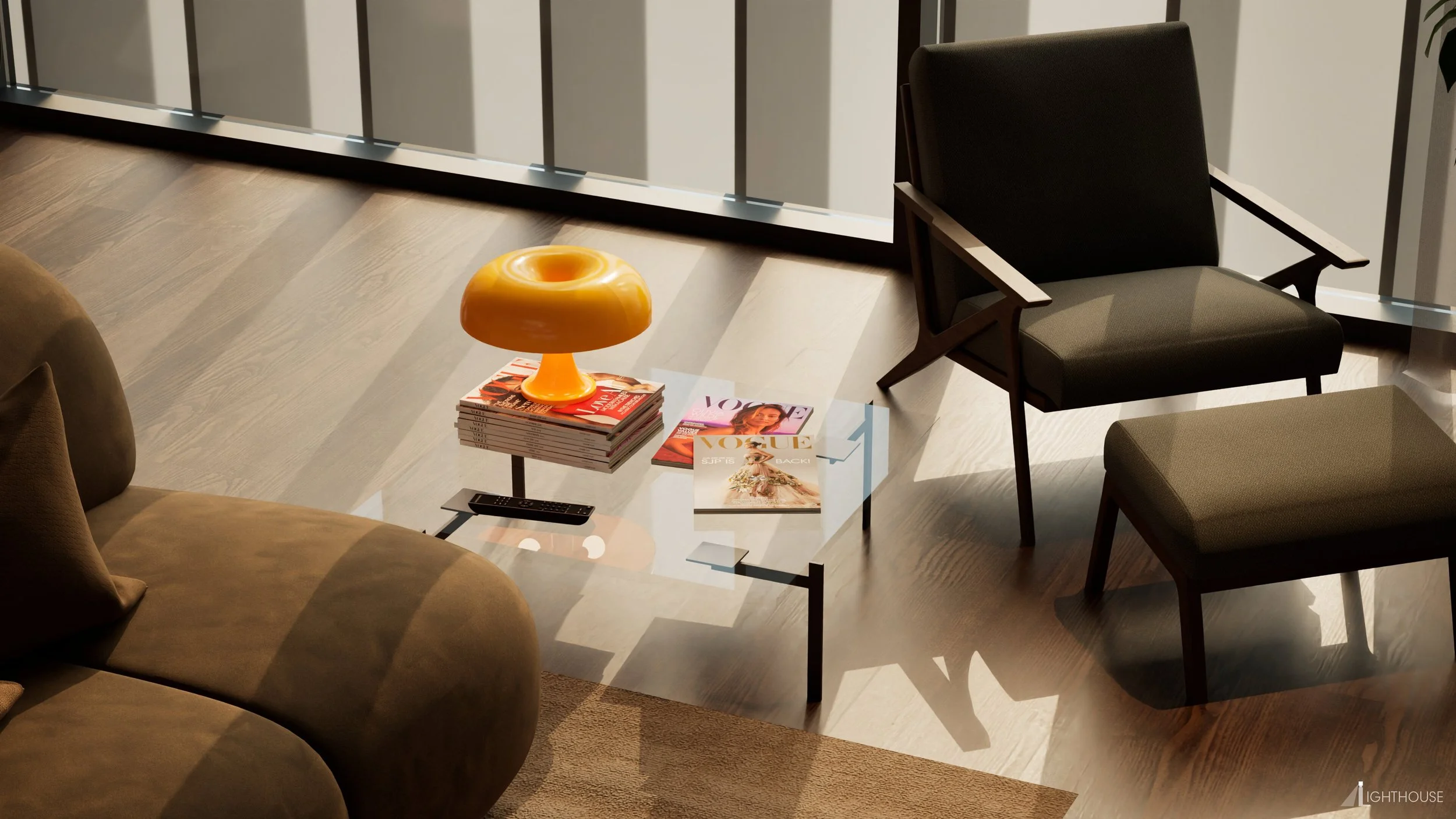 A modern sitting area with a brown sofa, a black armchair, a glass coffee table with magazines and a yellow lamp, and a large window with vertical blinds.