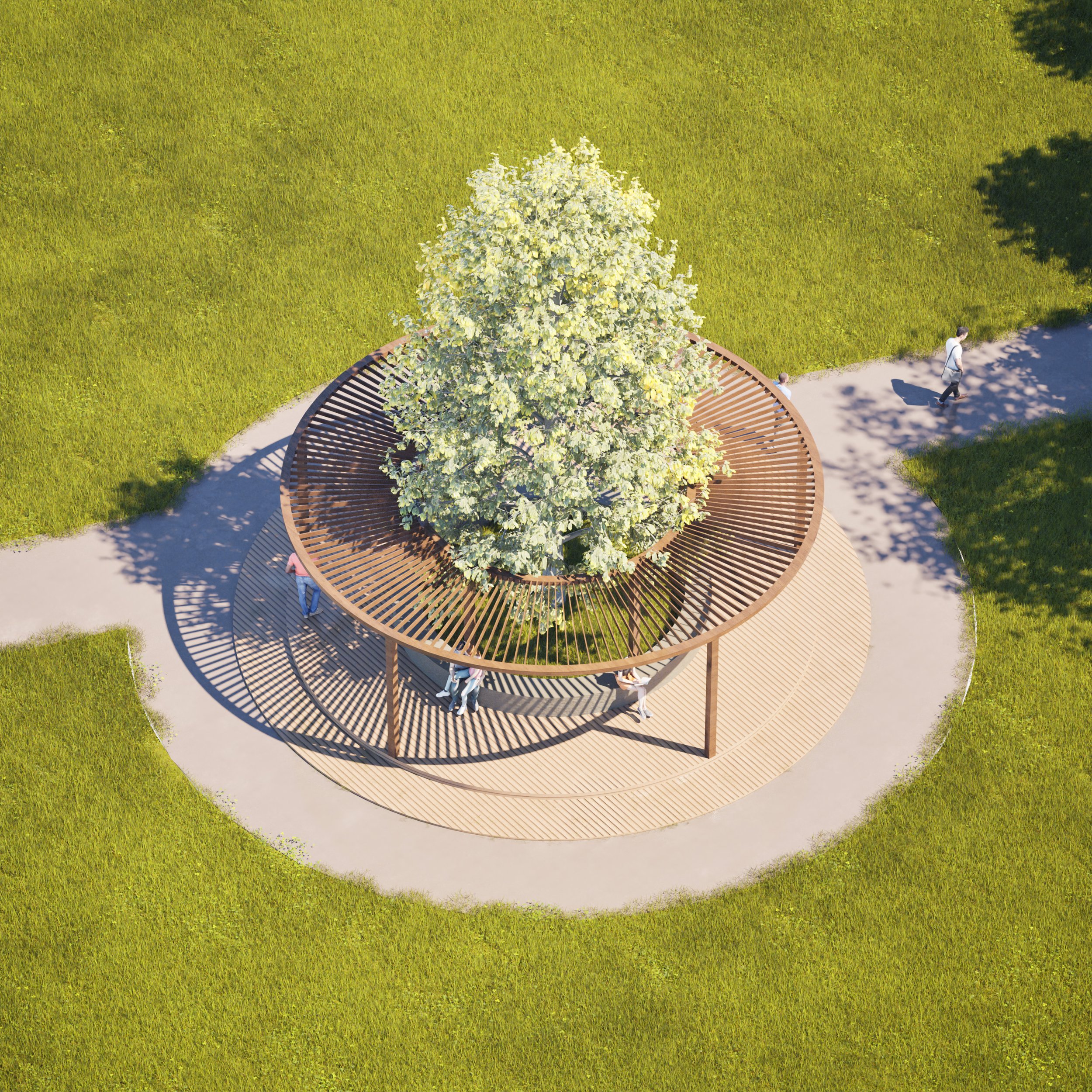 Aerial view of a park with a large tree in the center, surrounded by a circular wooden bench and walkway, with people walking and sitting.