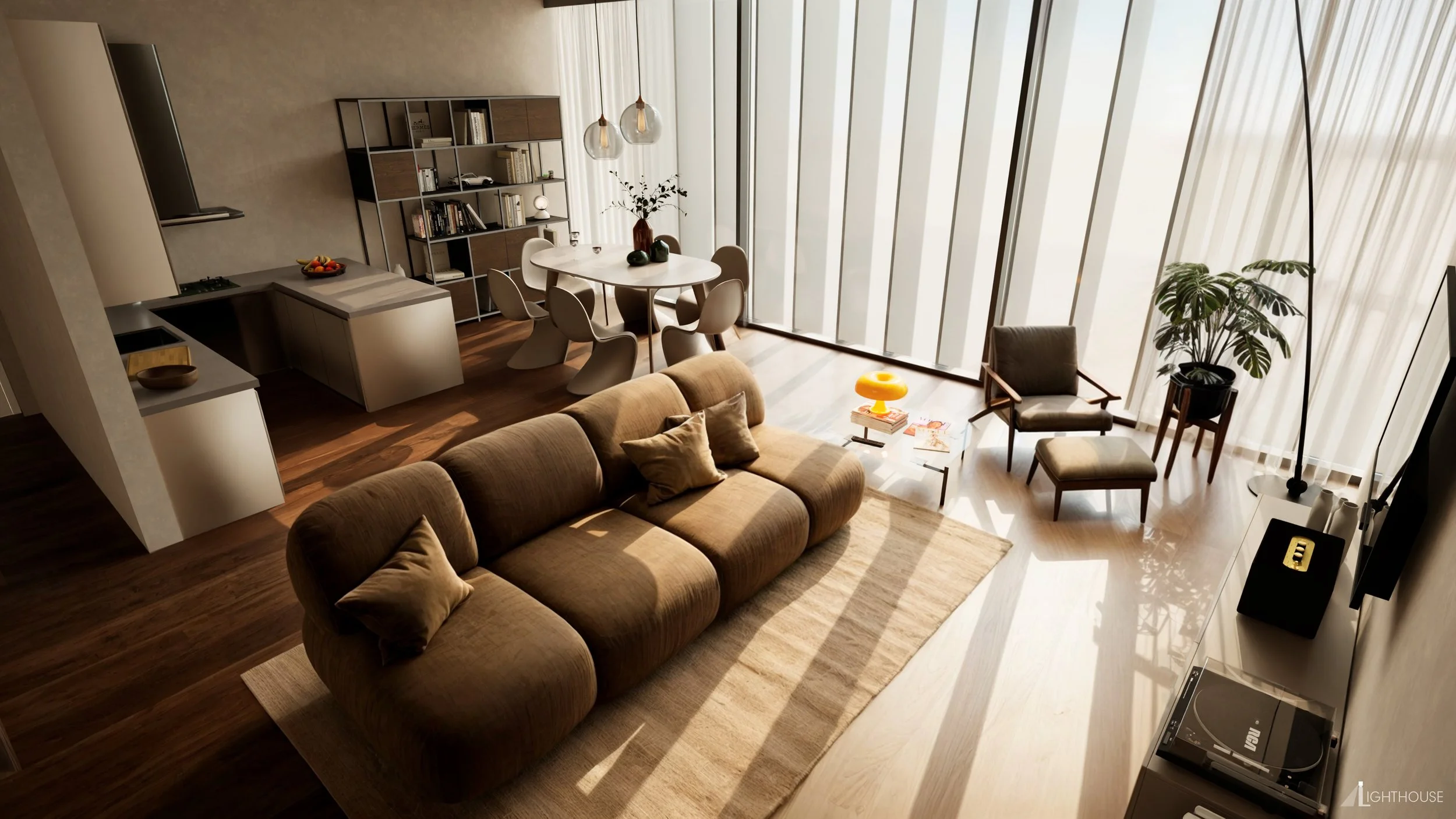 Modern living room with a beige sofa, wooden flooring, large windows with sheer curtains, a round dining table with chairs, a bookshelf, potted plant, armchair, side table with a yellow lamp, and a TV with a turntable.