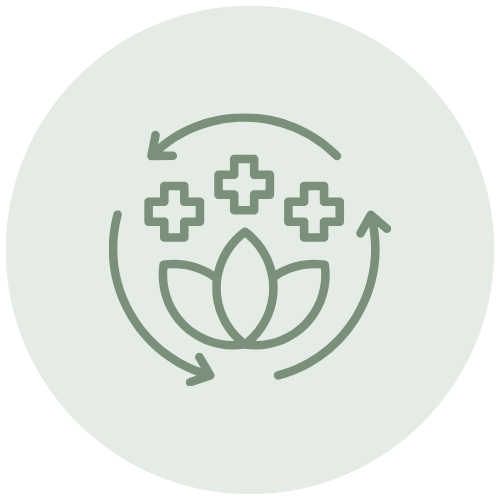 Minimalist line drawing of a lotus flower with three plus signs above it, enclosed by circular arrows, representing health or wellness.