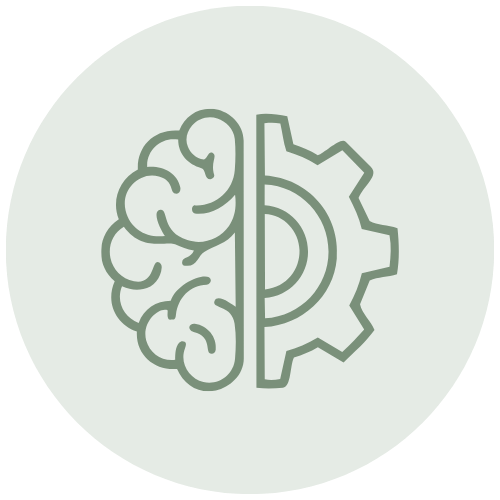 Graphic of a brain on the left and a gear on the right, symbolizing the connection between thinking and machinery.