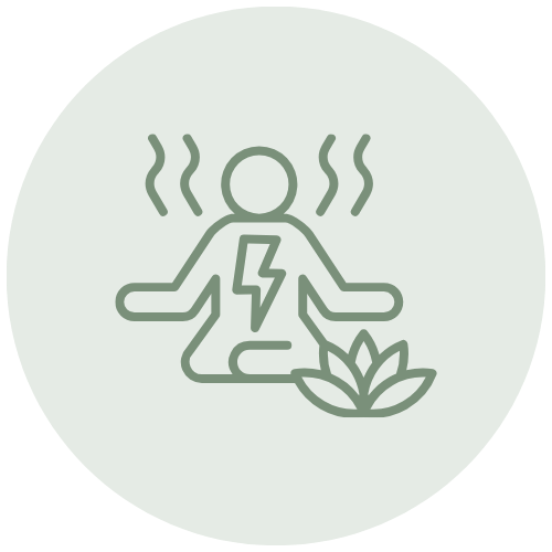 Minimalist icon of a person in a meditative pose with a lightning bolt on their chest, surrounded by steam lines and a plant at the base, indicating relaxation and energy healing.