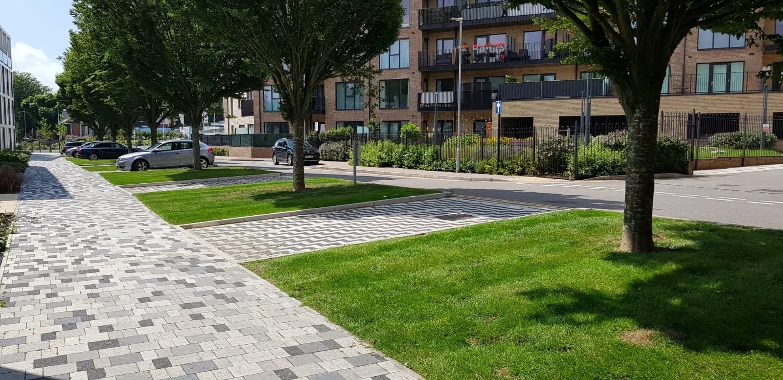 Urban residential street with trees, parked cars, brick apartment building, and landscaped areas with grass and shrubs.