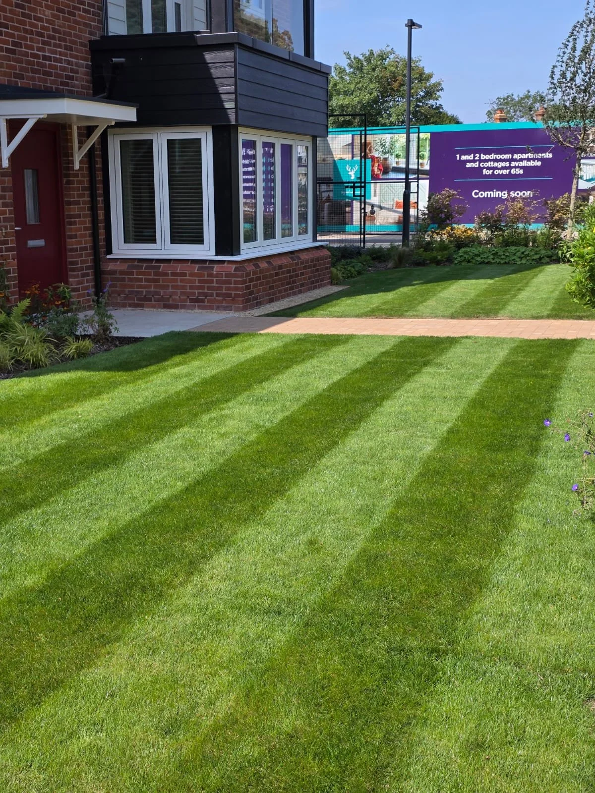 Well-maintained green lawn with striped grass pattern in front of a brick house. There is a sidewalk and a garden bed with plants on the left side. A sign in the background advertises apartments and cottages for over 65s, with the words 'Coming soon'