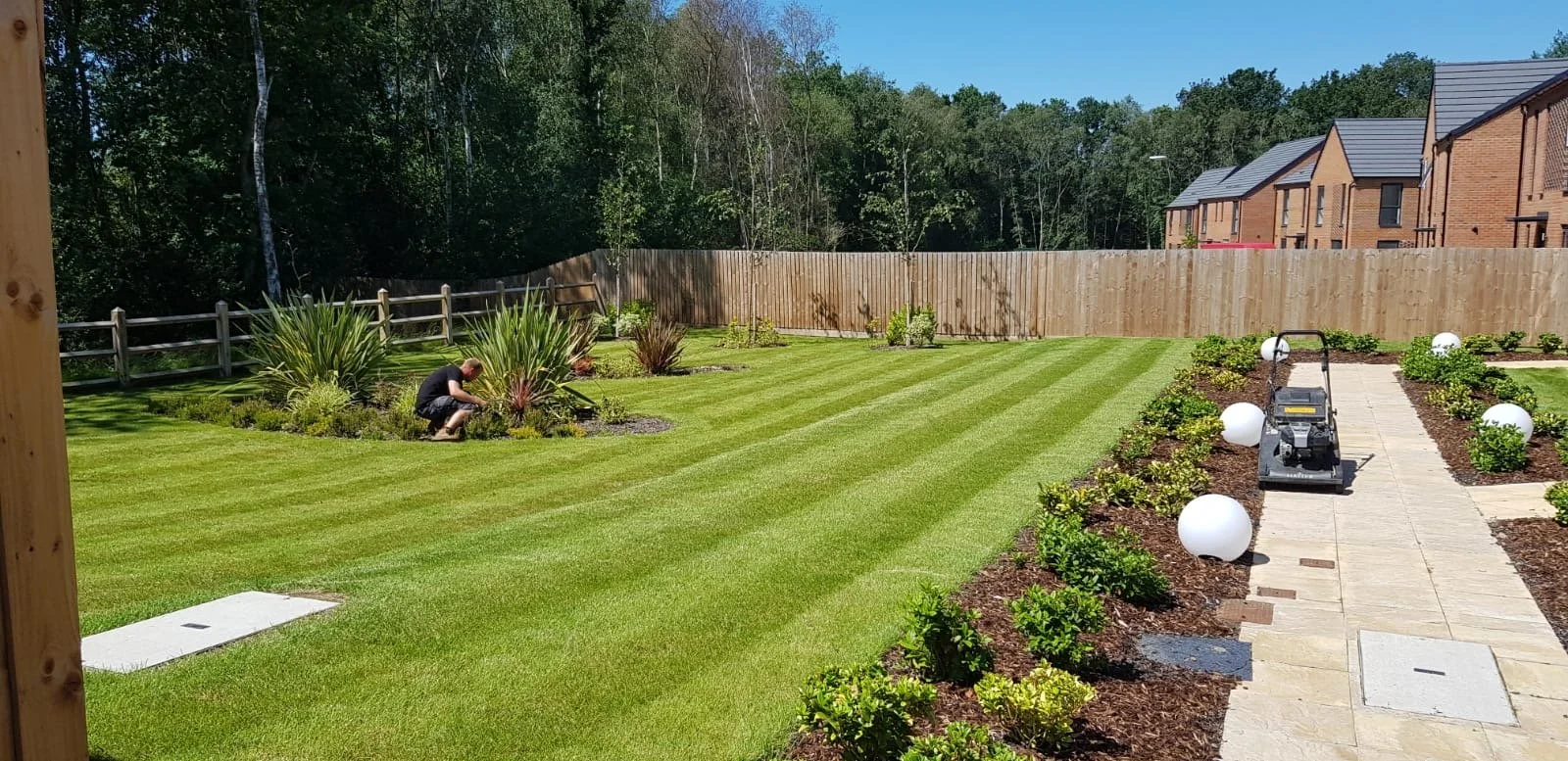 A backyard with freshly mowed grass, a flower bed on the left with various plants, a paved walkway on the right with garden lights, and a person kneeling and planting or tending to the plants. There's a privacy fence and trees in the background.