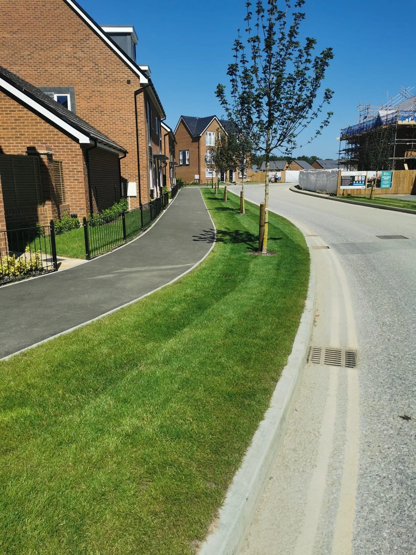 A residential street with brick houses on the left, a paved sidewalk, small trees, and a grassy strip separating the sidewalk from the road, which is curved with some construction visible in the background.