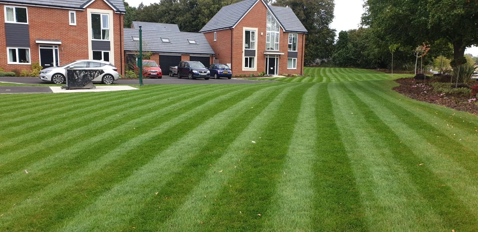 A well-maintained grassy lawn with striped pattern in front of suburban brick houses and parked cars.