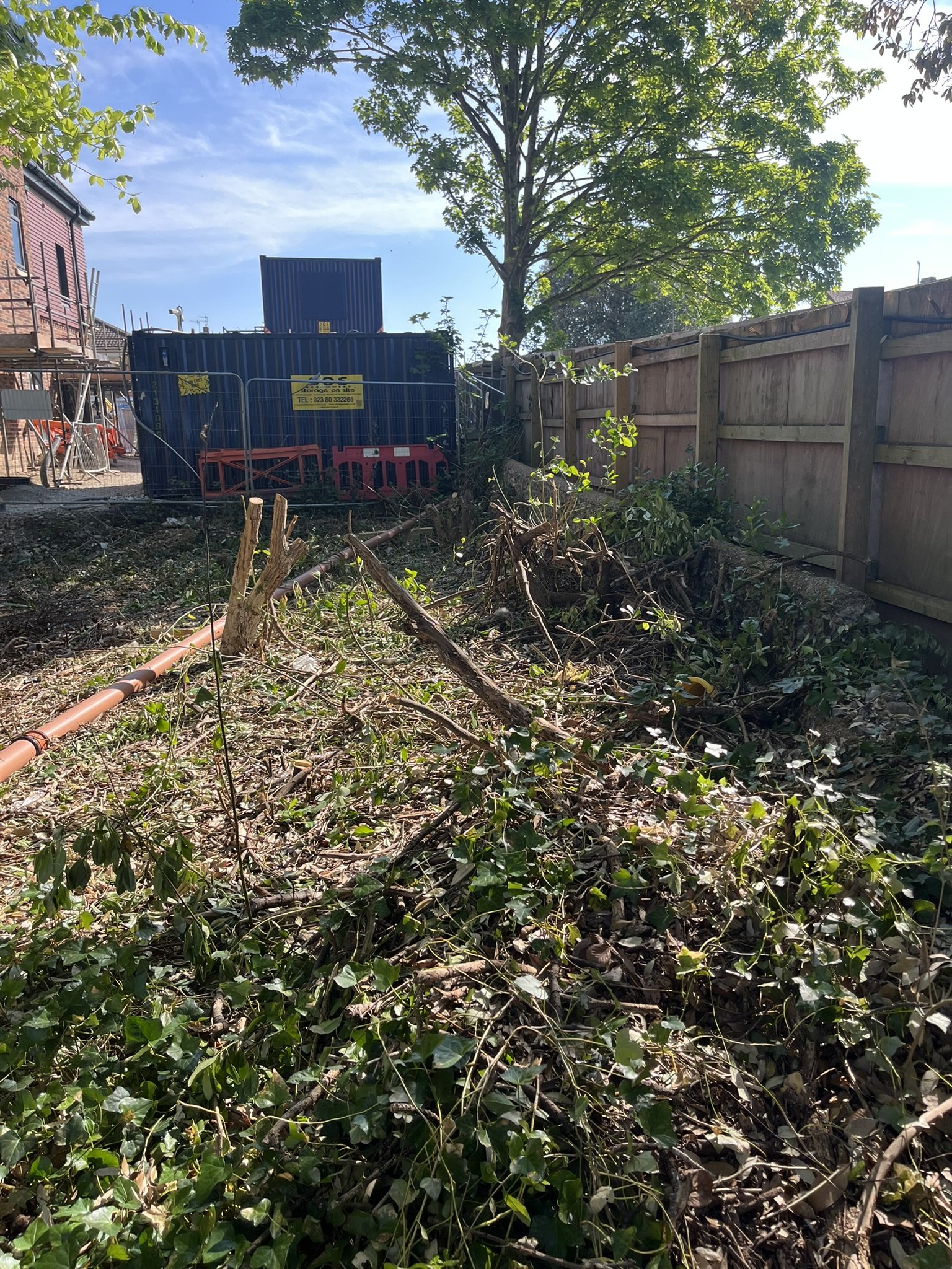 A backyard with a wooden fence on the right side, a tree in the middle, and construction materials in the background, including a blue storage container, orange barriers, and a sign. There is some debris and cut branches on the ground.