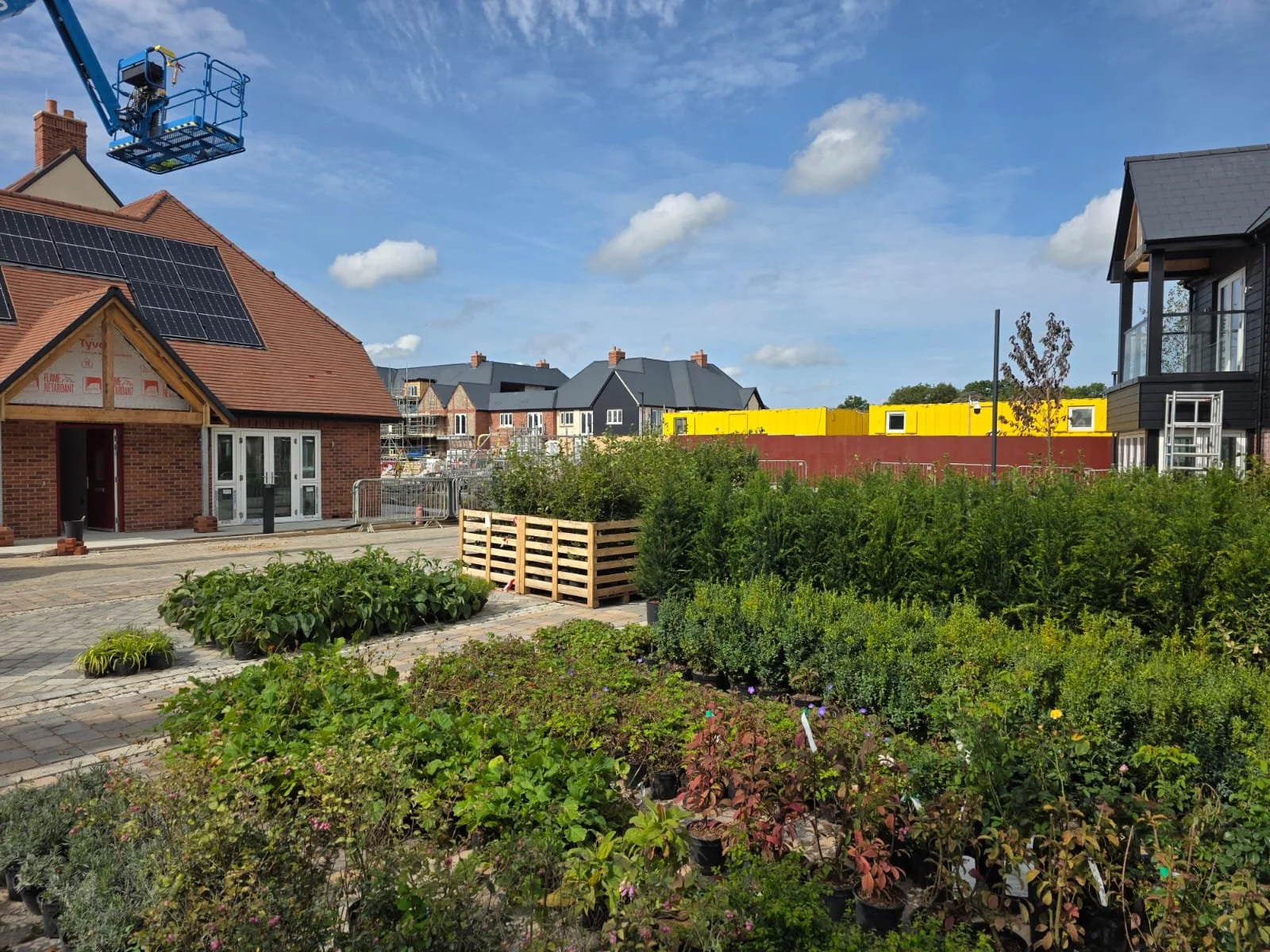 View of a construction site next to a residential neighborhood with houses, a garden with various plants, and a blue sky with clouds.