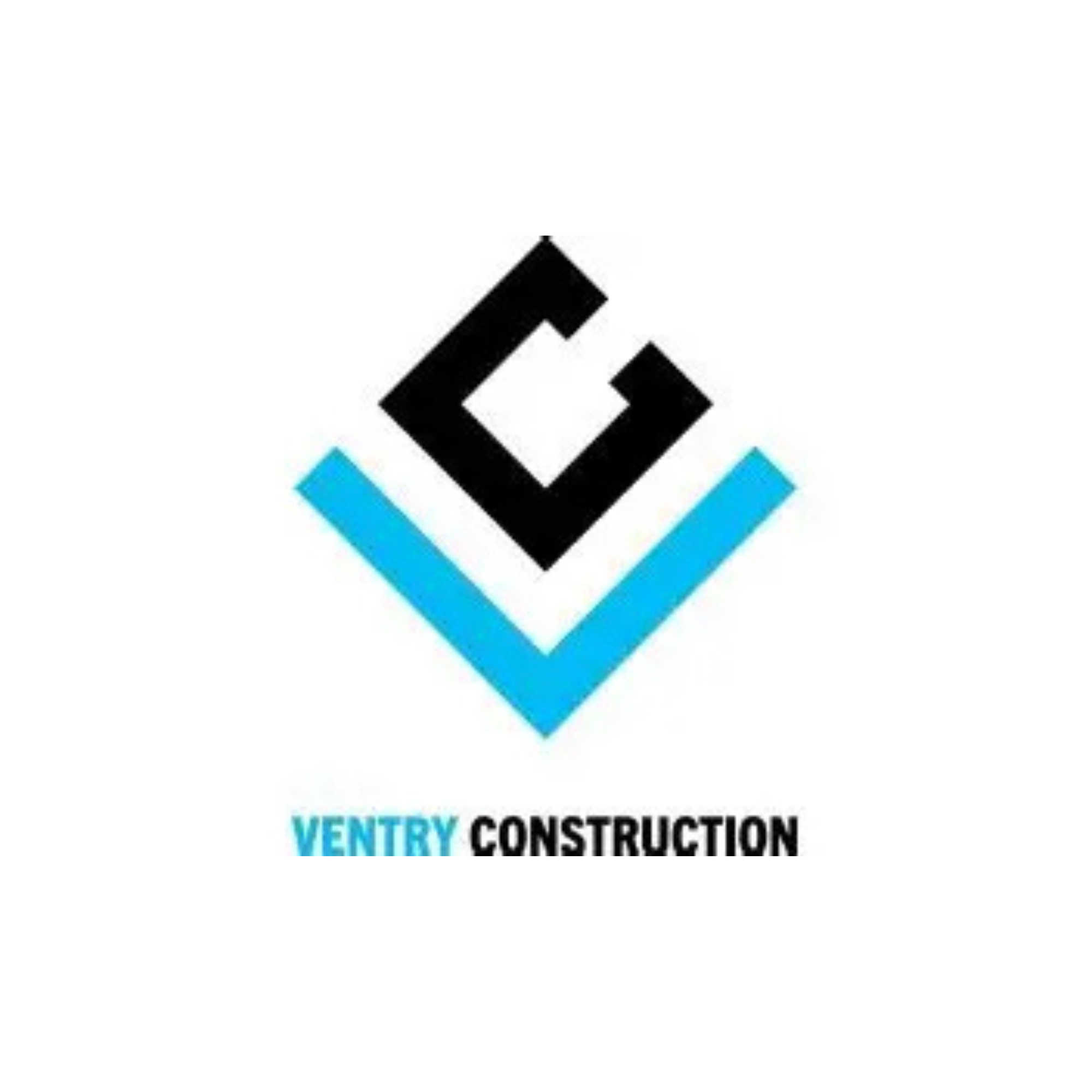 Logo of Ventry Construction featuring a black geometric 'V' shape above a blue check mark with the company name underneath.