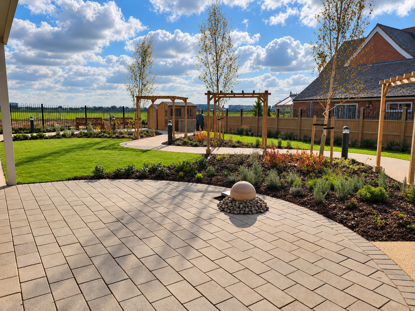A well-maintained backyard garden with a paved patio, lush green lawn, garden beds with plants and shrubs, wooden pergolas, a pathway, and trees under a partly cloudy sky.