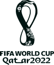 FIFA World Cup Qatar 2022 logo featuring a stylized trophy shape with Arabic calligraphy and the tournament name