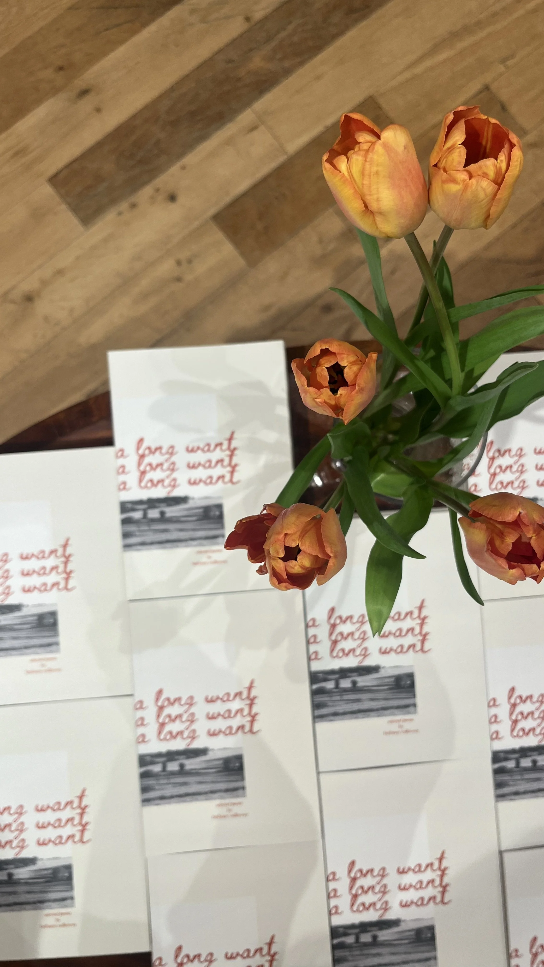 A top view of a cluster of orange tulips in a glass vase, placed on a table with several printed pages that read 'a long want' and contain a black-and-white photo. The background has wooden flooring.