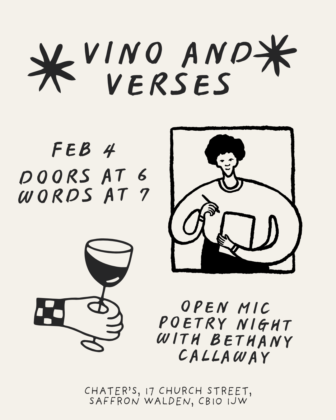 Hand-drawn poster for Vino and Verses event featuring open mic poetry night with Bethany Callaway on February 4 at Chaters, Saffron Walden.