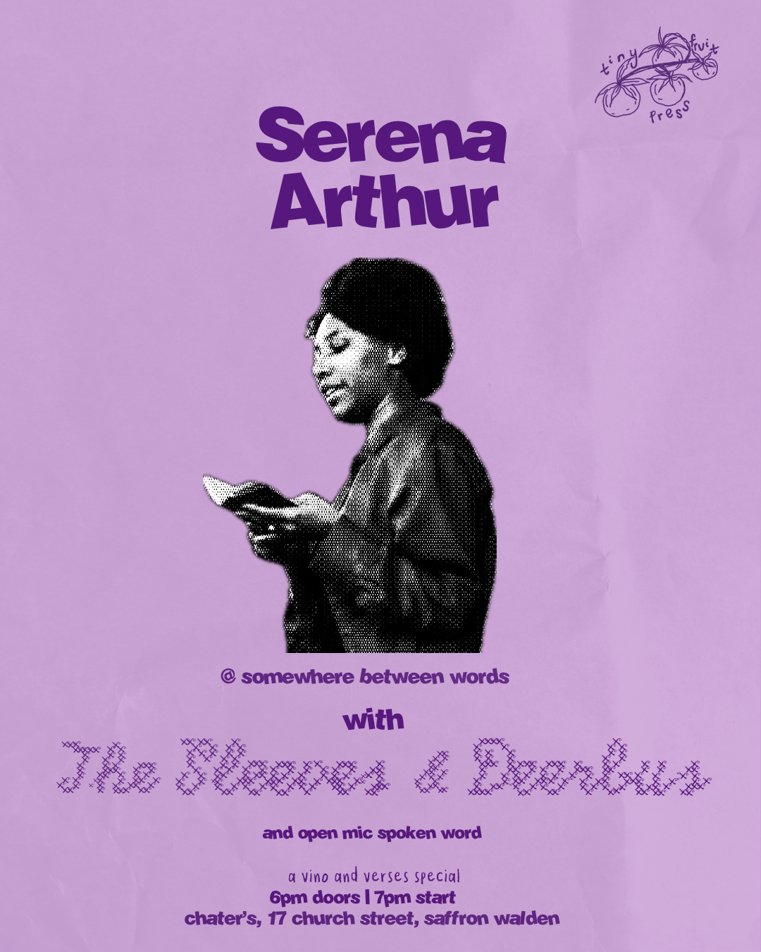 Purple poster promoting an event with Serena Arthur, featuring a black and white image of a woman looking at her phone, with event details and handwritten style text.