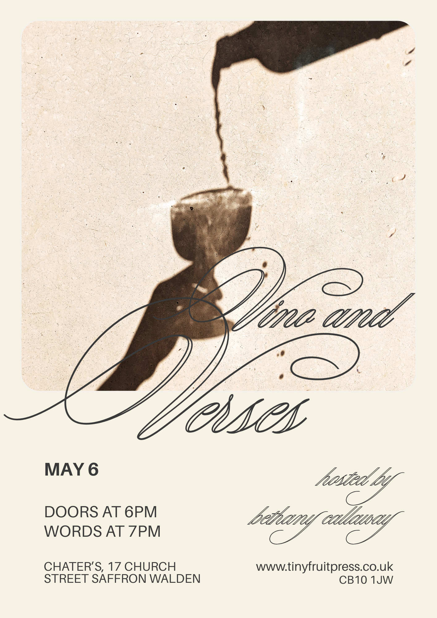 An invitation for an event titled 'Wine and Gloves' on May 6, hosted by Bethany Cadwalladr at Chater's, 17 Church Street, Saffron Walden. The event includes doors opening at 6 PM and words starting at 7 PM, with a background image of a hand pouring w