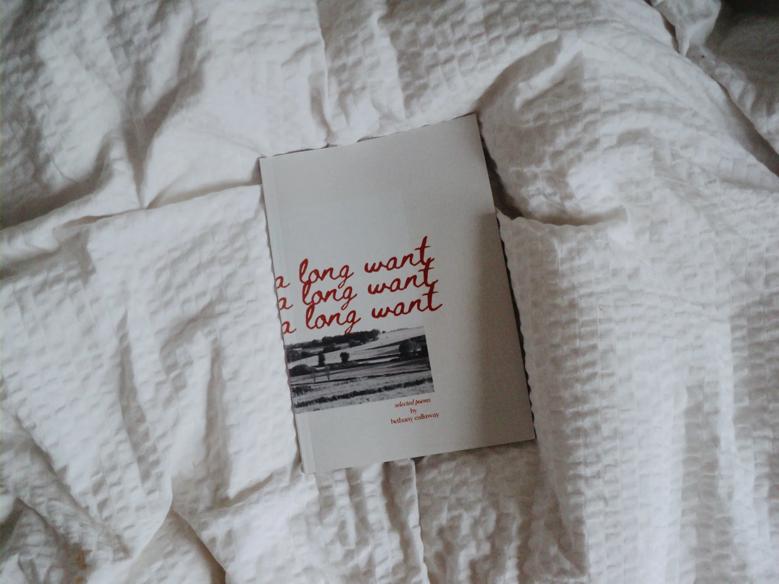 A book titled 'a long want' by Bethany Callaway resting on white textured bedding.