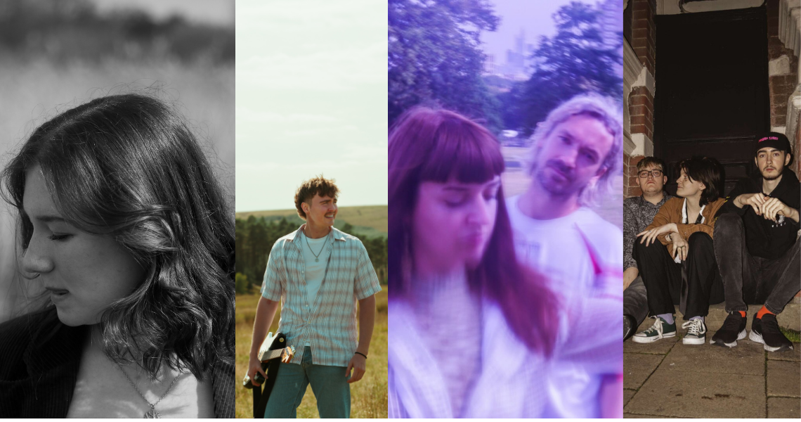 A collage of four photos featuring young people: a black-and-white portrait of a woman with wavy hair, a smiling man in a checkered shirt outdoors, a blurred photo of a woman with straight hair and a man with longer hair with purple tint, and a group of four people sitting against a brick wall, dressed casually.