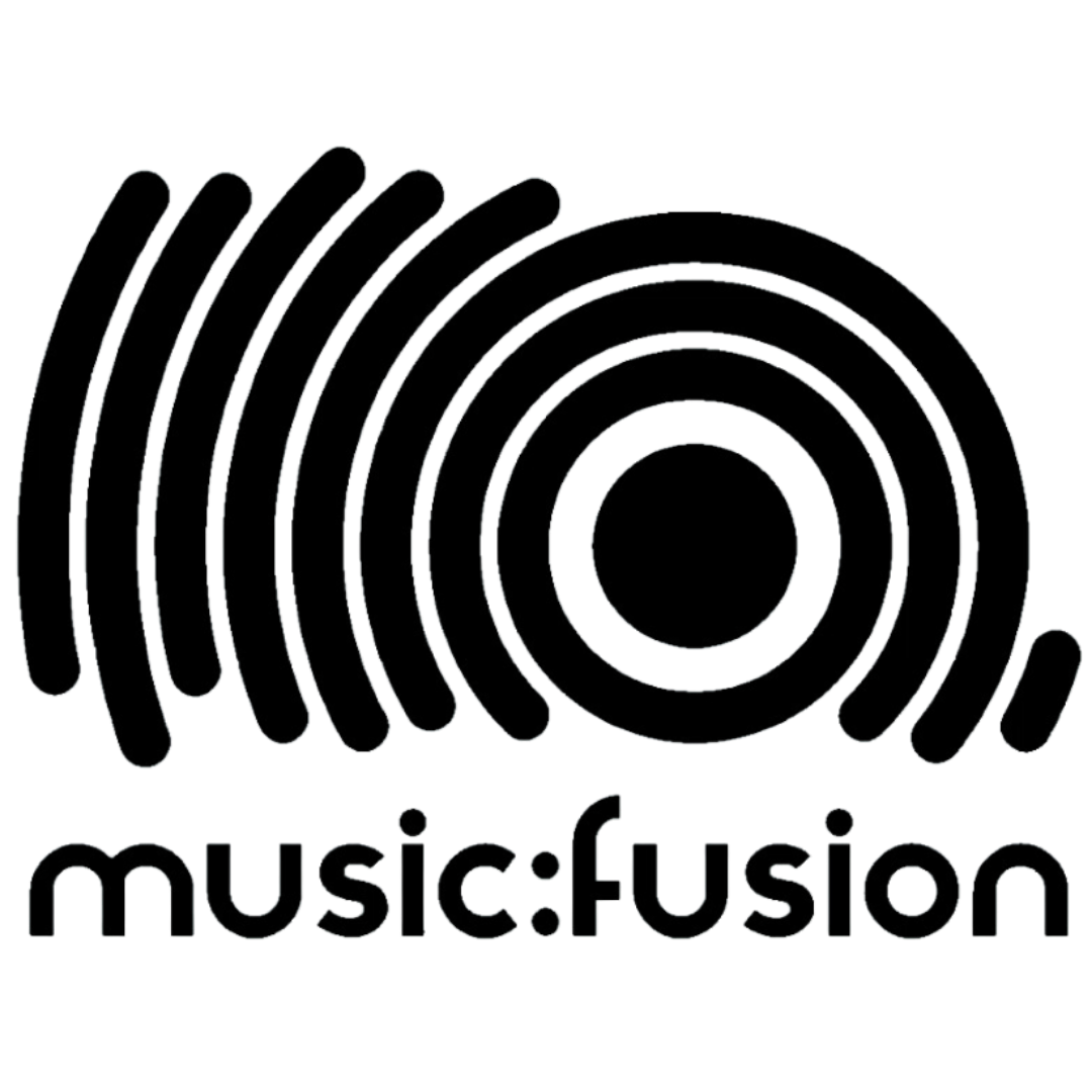 Black logo with concentric circles and the text "music:fusion" beneath it.